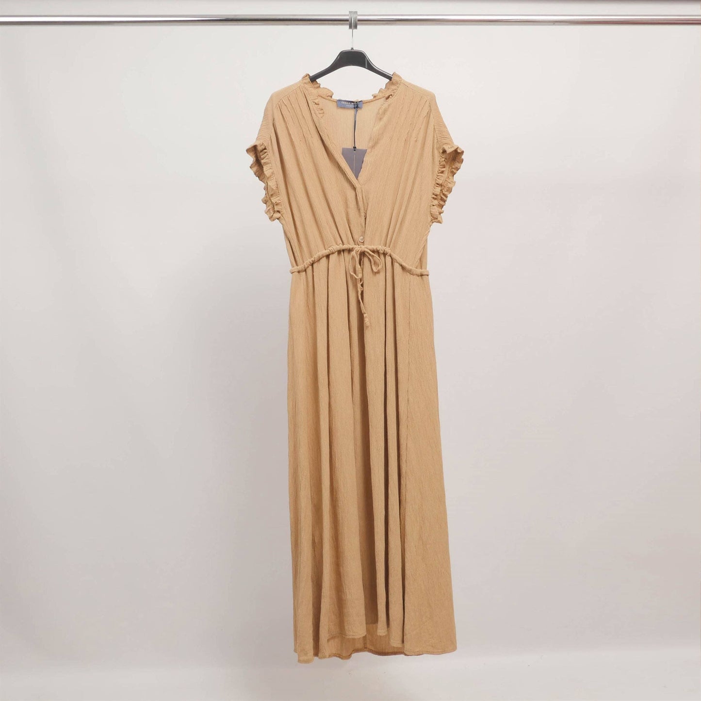 Long linen dress with ruffled collar in Tan- size 10 to 12