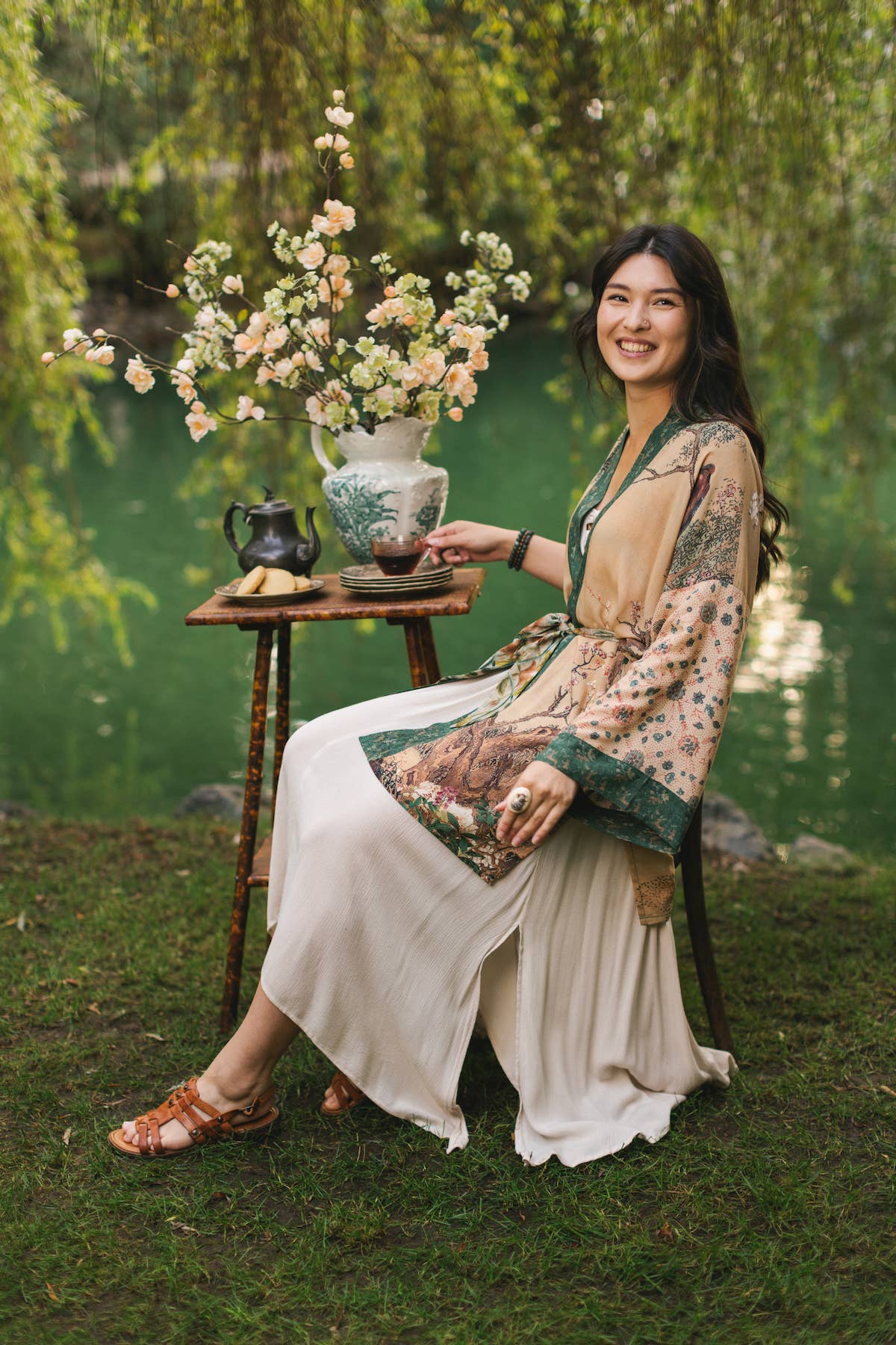 Fable Matinée Duster Kimono w/Blossoms, mid-length