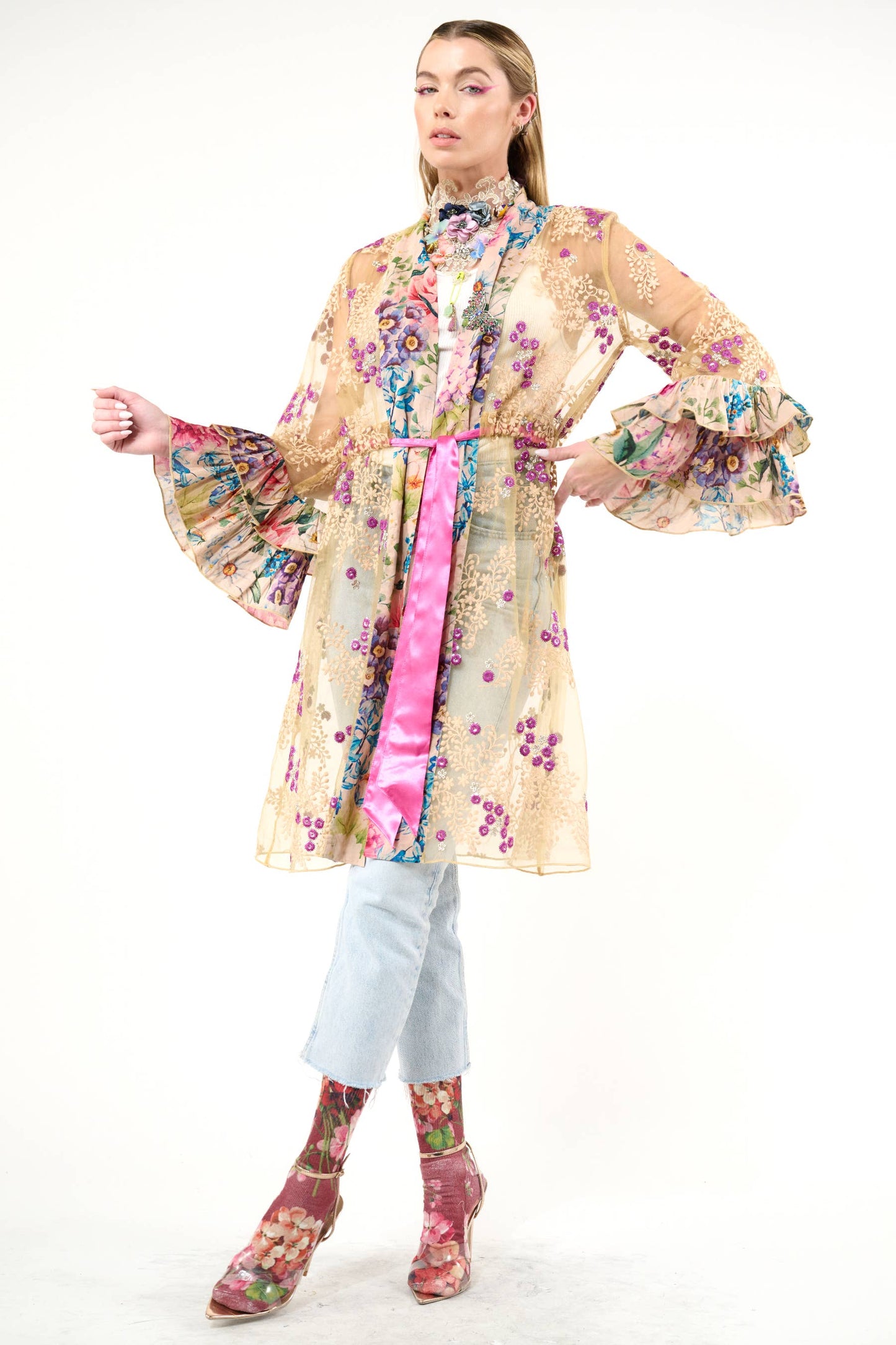 Miss September Embellished Mesh Kimono: Antique Floral - Size Medium