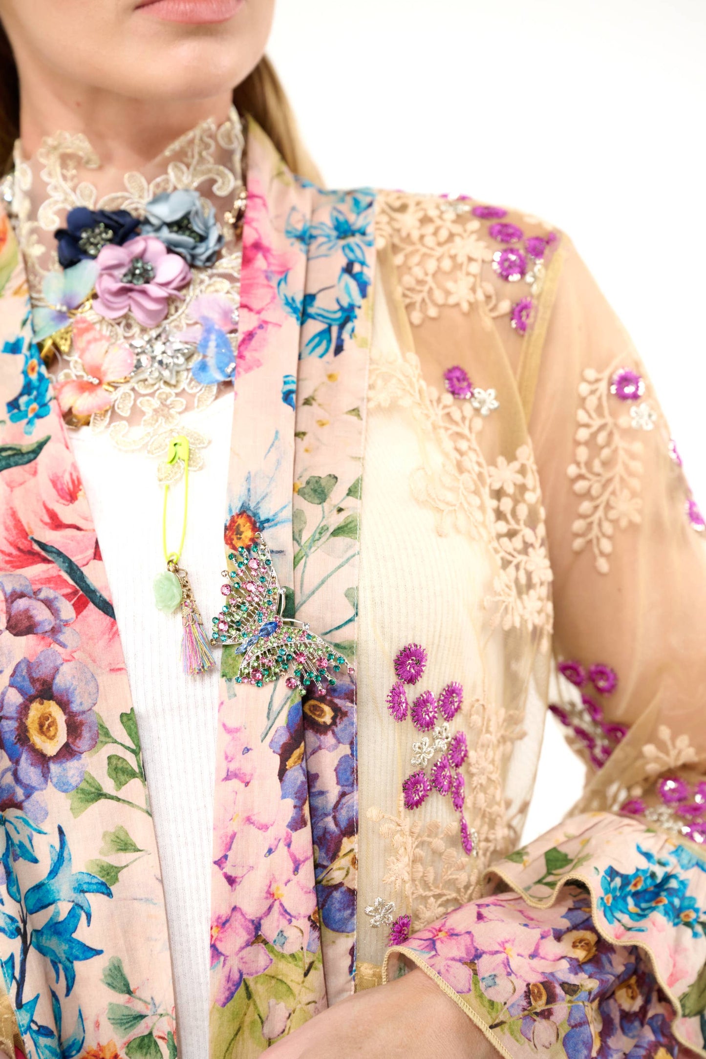 Miss September Embellished Mesh Kimono: Antique Floral - Size Medium