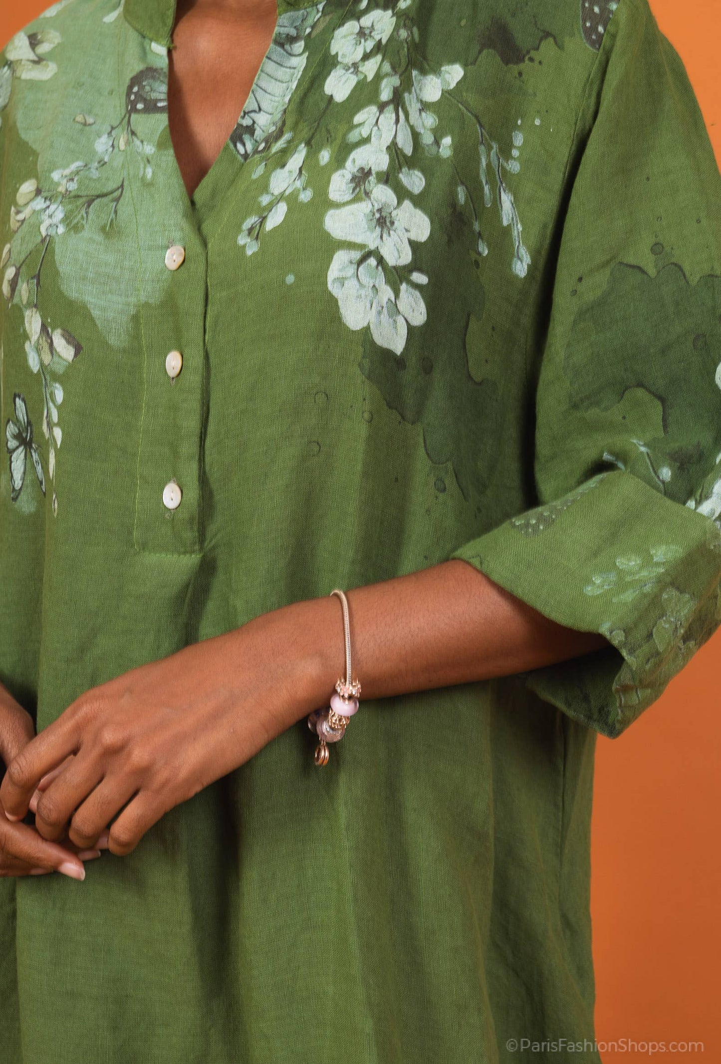 Floral linen dress: 100% linen / Olive / One size fits M to L