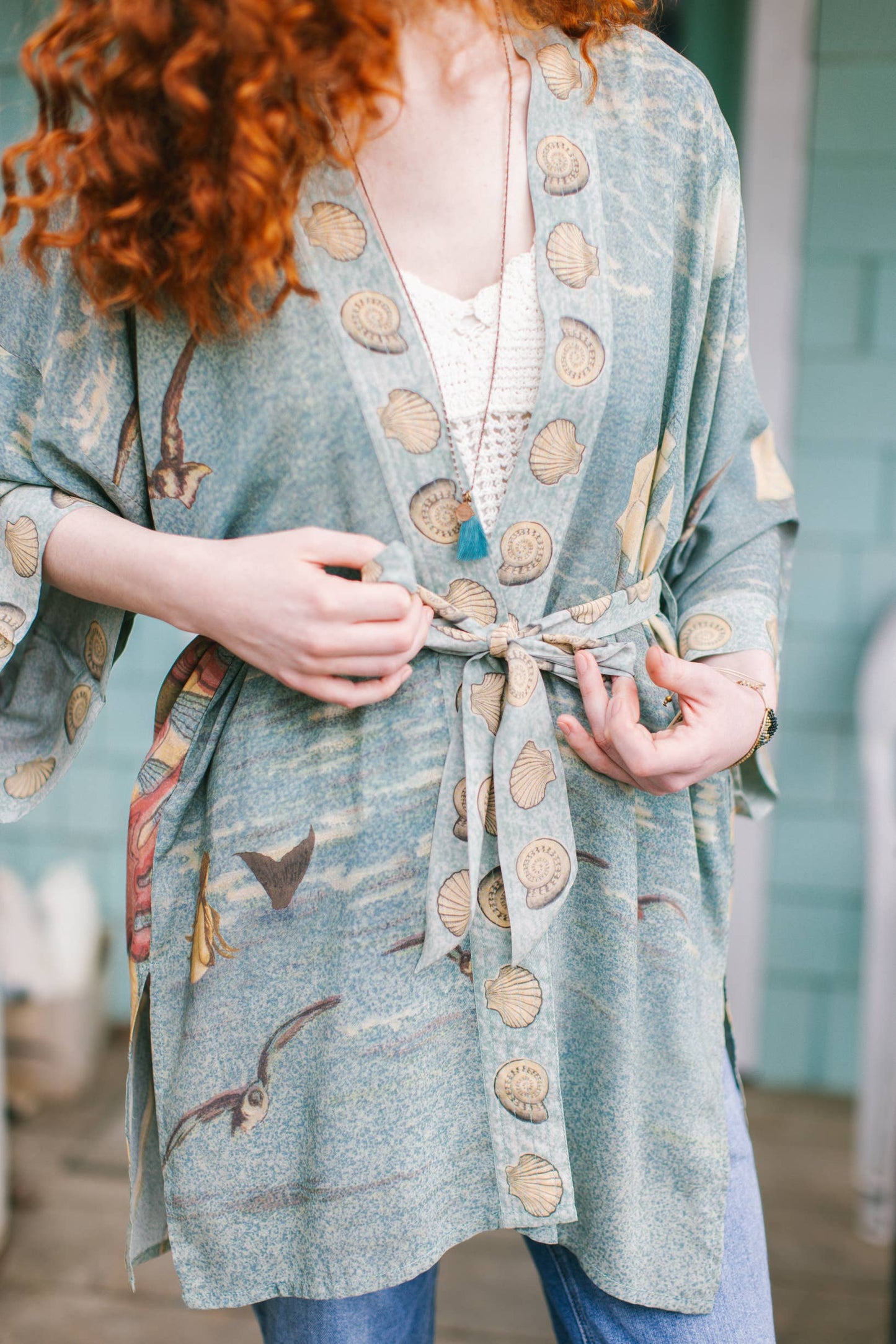 Sunrise Lands Matinée Duster Bamboo Kimono w Ocean midlength