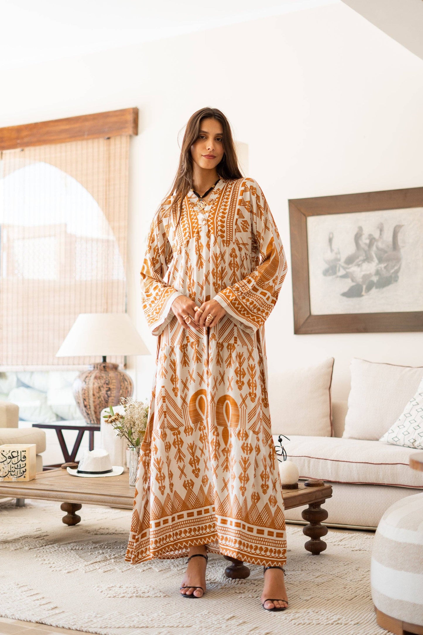 Summer beige boho print Dress- Size S/M