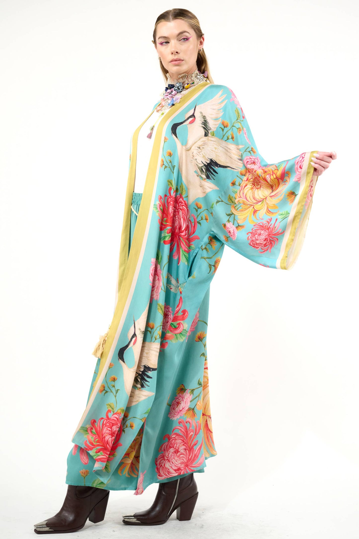 The Legend of the Crane Maxi Kimono / Topper : Vintage Emerald / One Size
