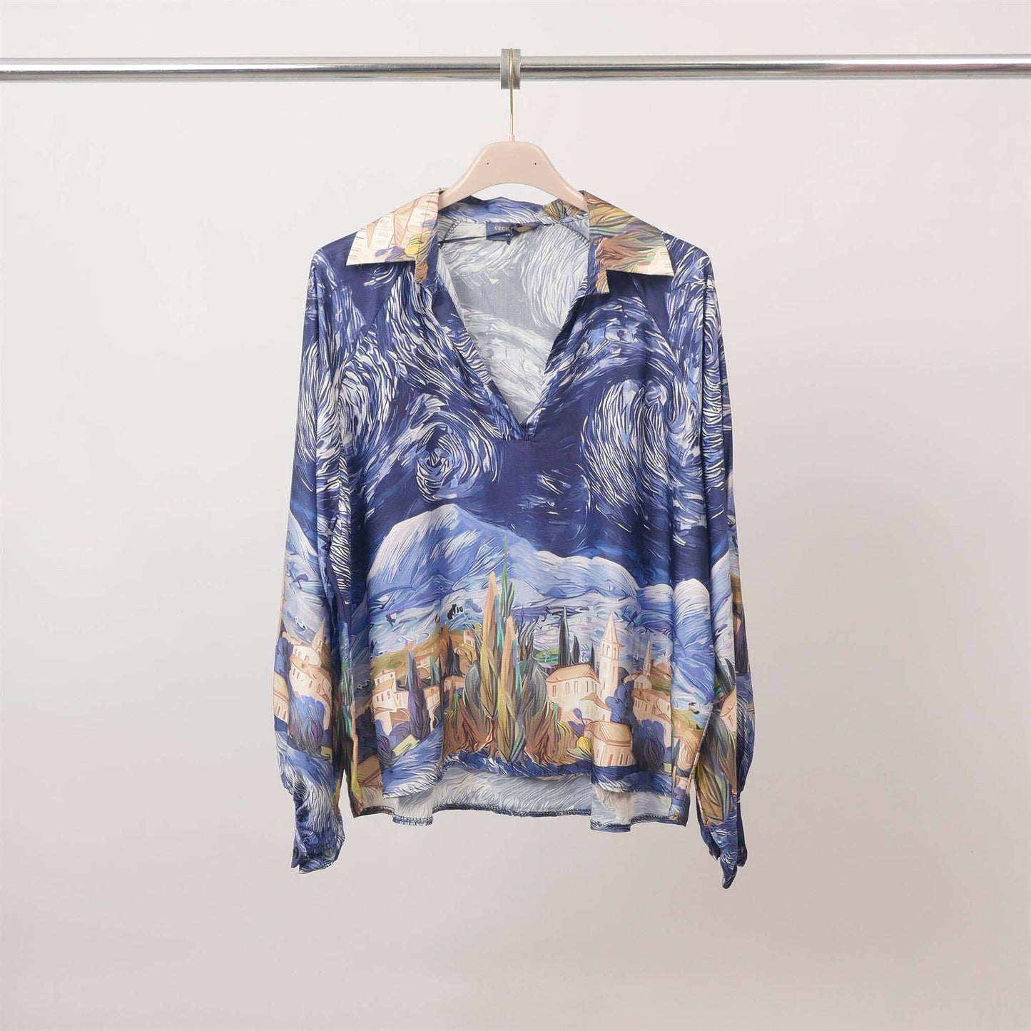 Satin landscape print shirt: Navy Blue- One size