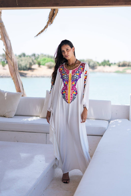 Boho White Embroidered Kaftan- One Size