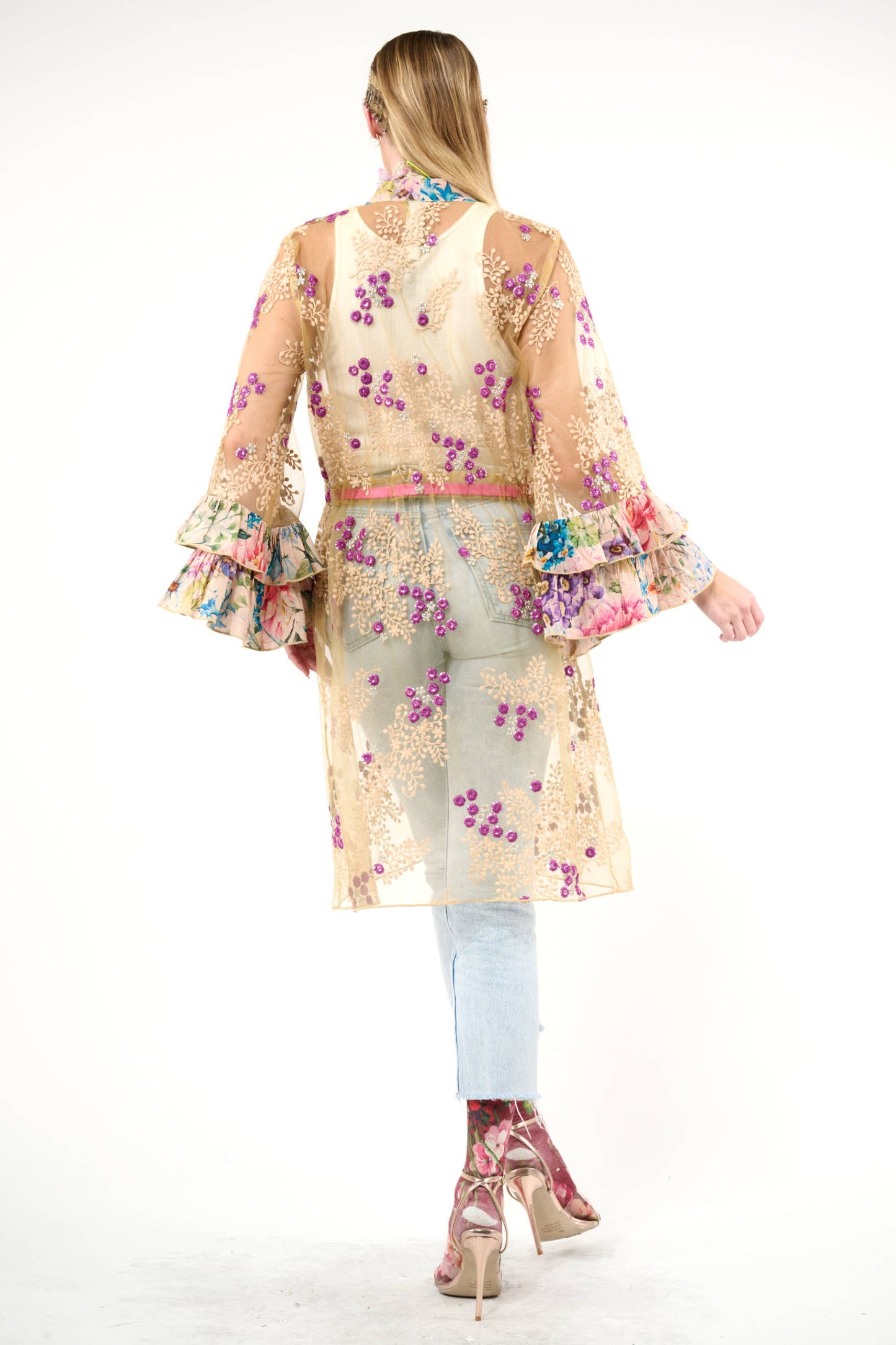 Miss September Embellished Mesh Kimono: Antique Floral - Size Medium
