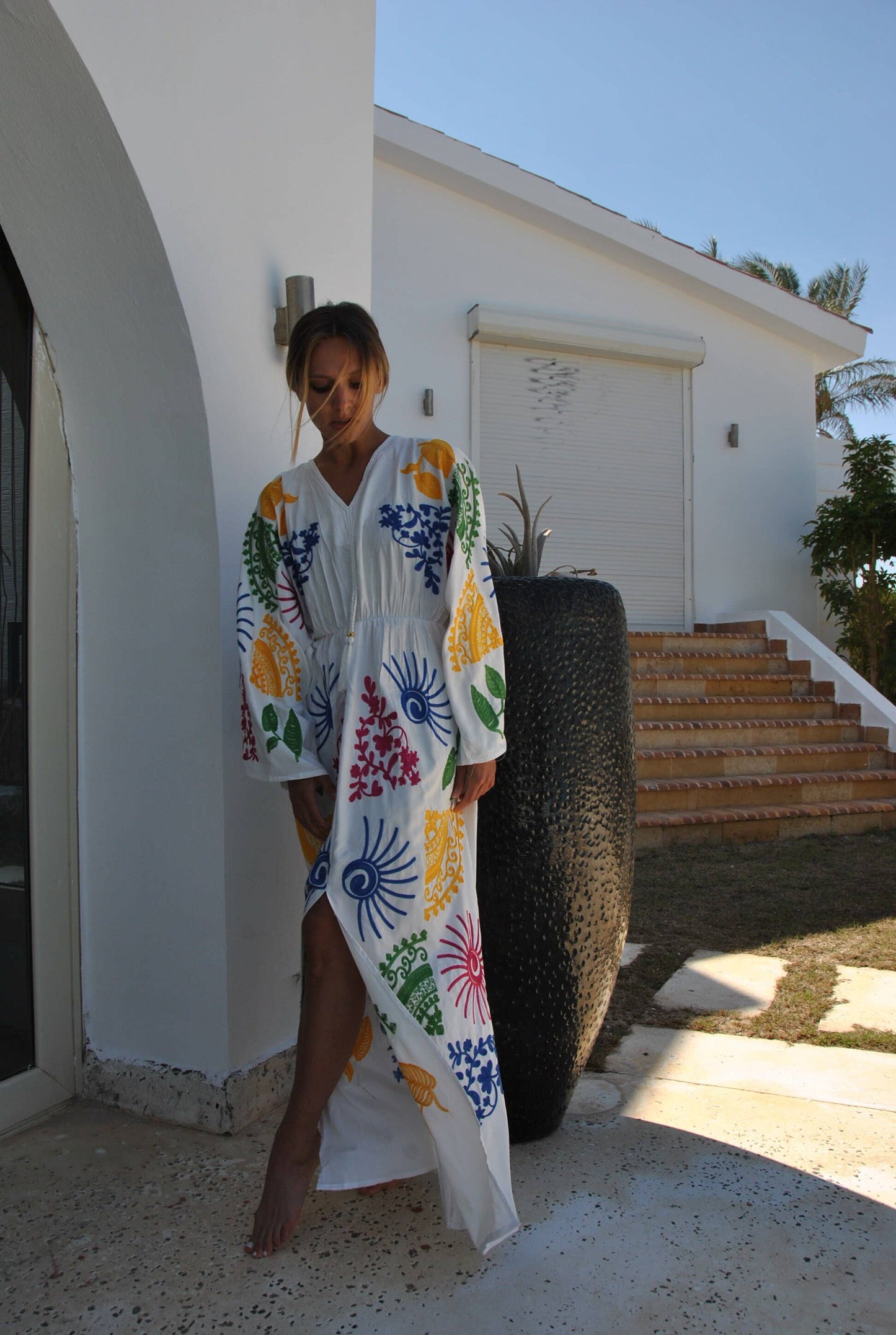 White Embroidered Ocean Caftan: One Size fits small to large
