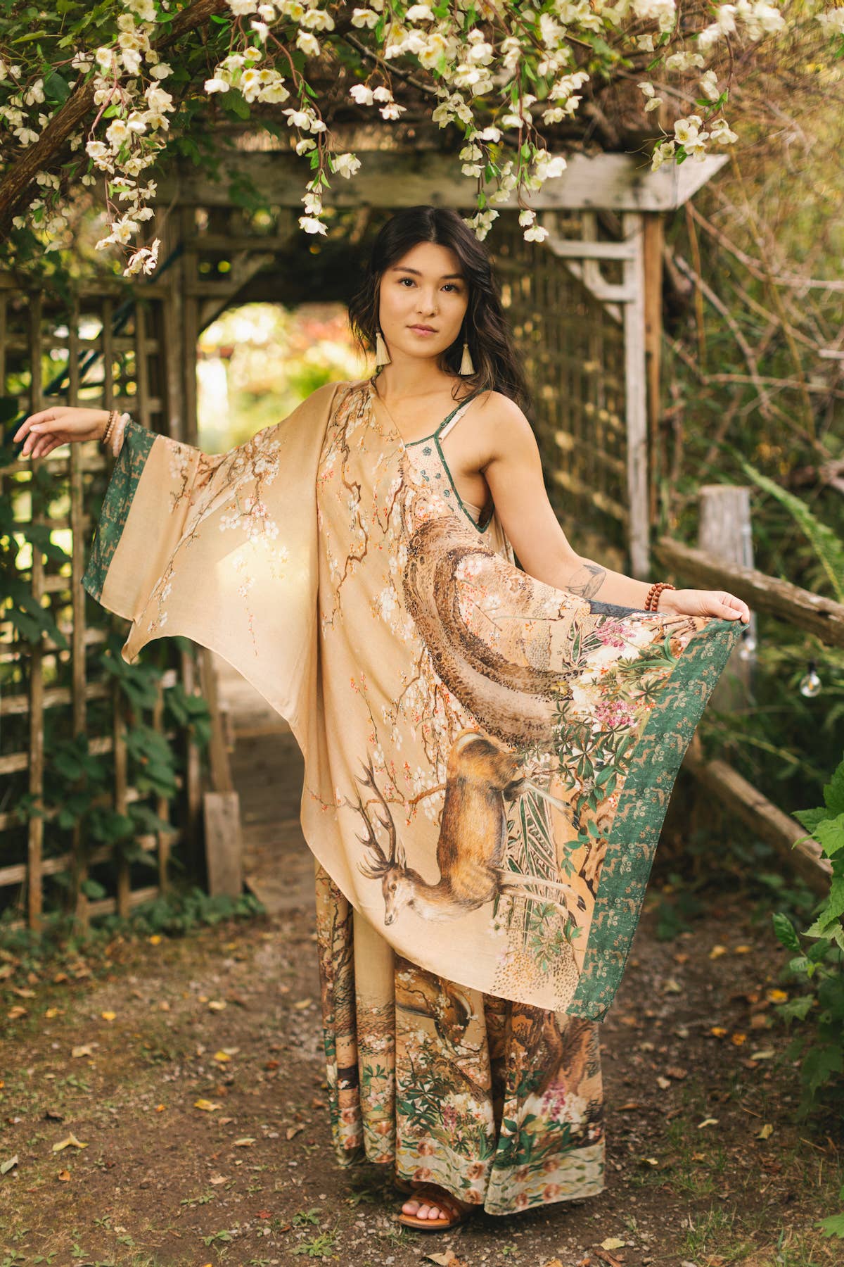 Fable Bohemian Floral Scarf with Deer & Moon Print