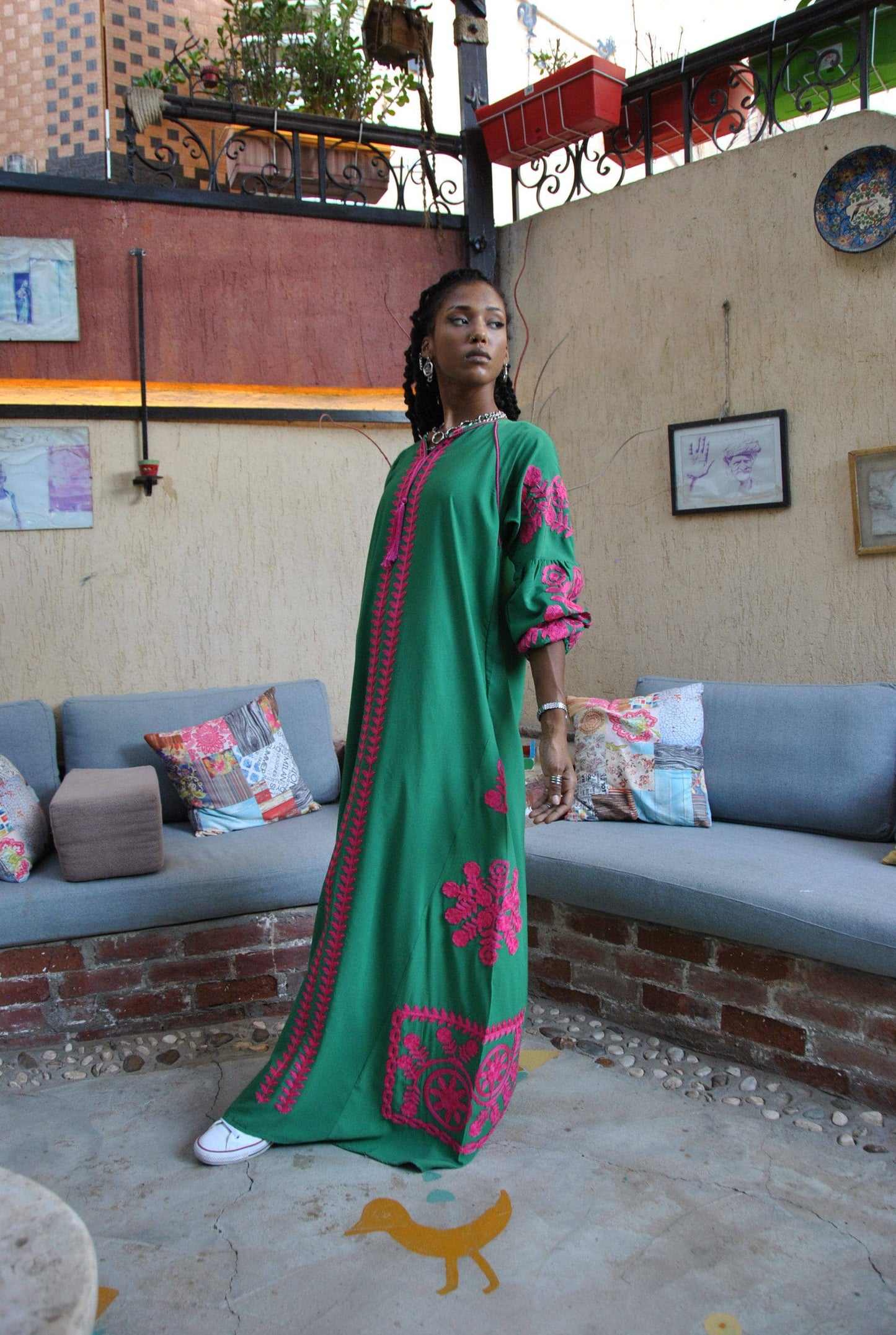 Boho green Caftan, Long sleeve Caftan dress, Colorful embroidered Caftan dress, Caftan maxi dress, Caftans for women,