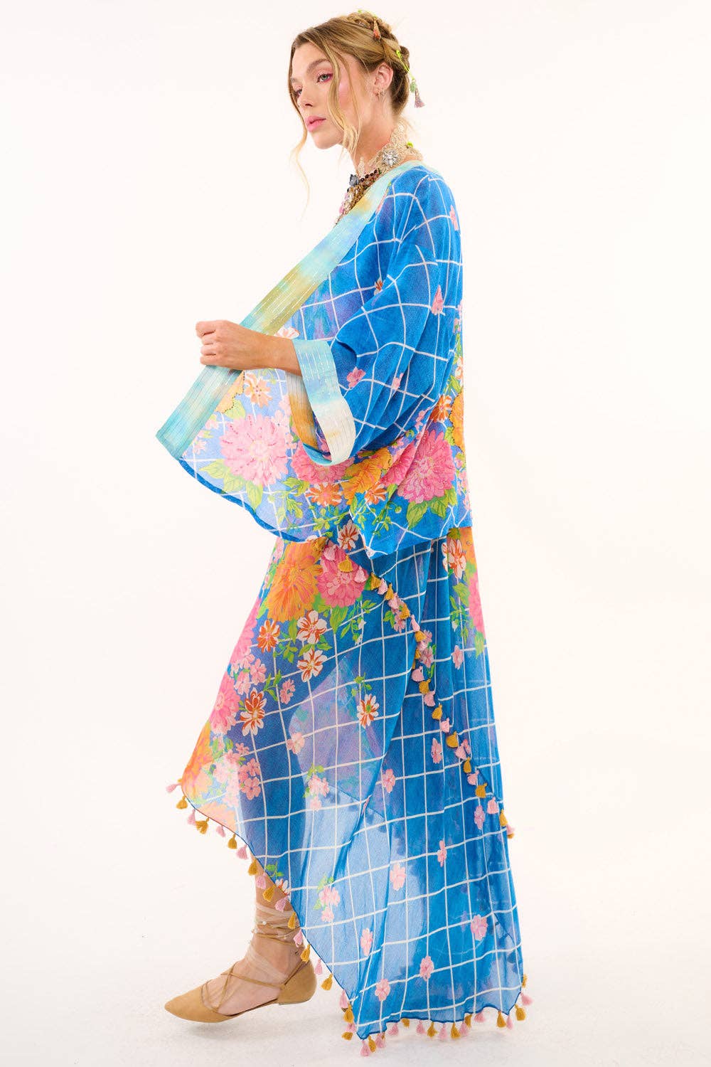 Borrocow Beauty Hand-Embellished Kimono: Vintage Blue Print / One Size