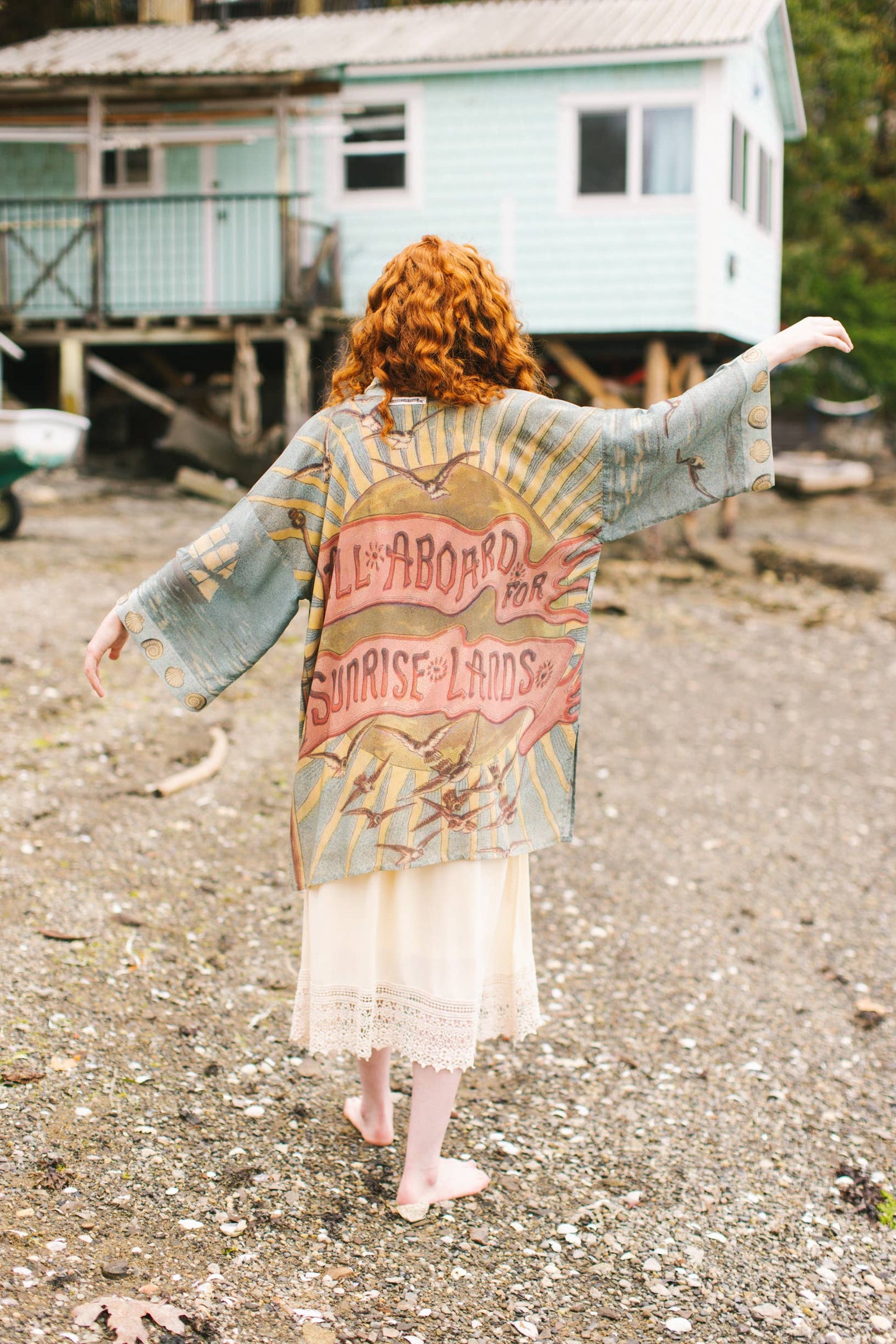 Sunrise Lands Matinée Duster Bamboo Kimono w Ocean midlength
