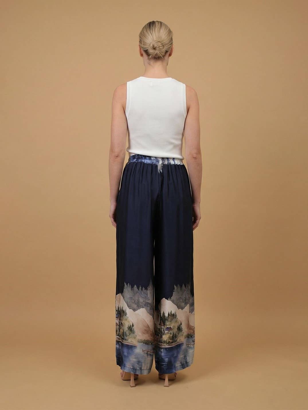 Italian Satin landscape print satin trousers Navy Blue
