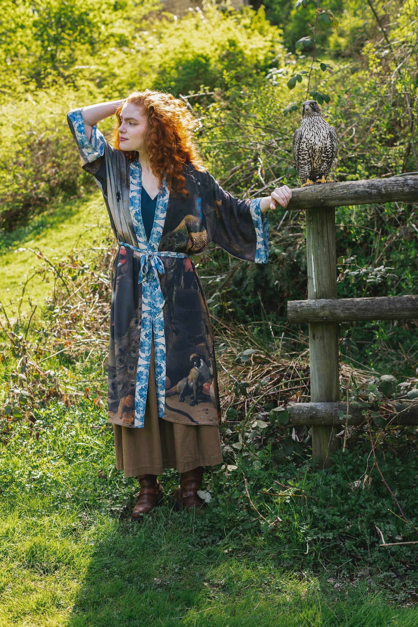 Wild Beauty Bamboo Kimono Duster Robe with Peacock Print- One Size