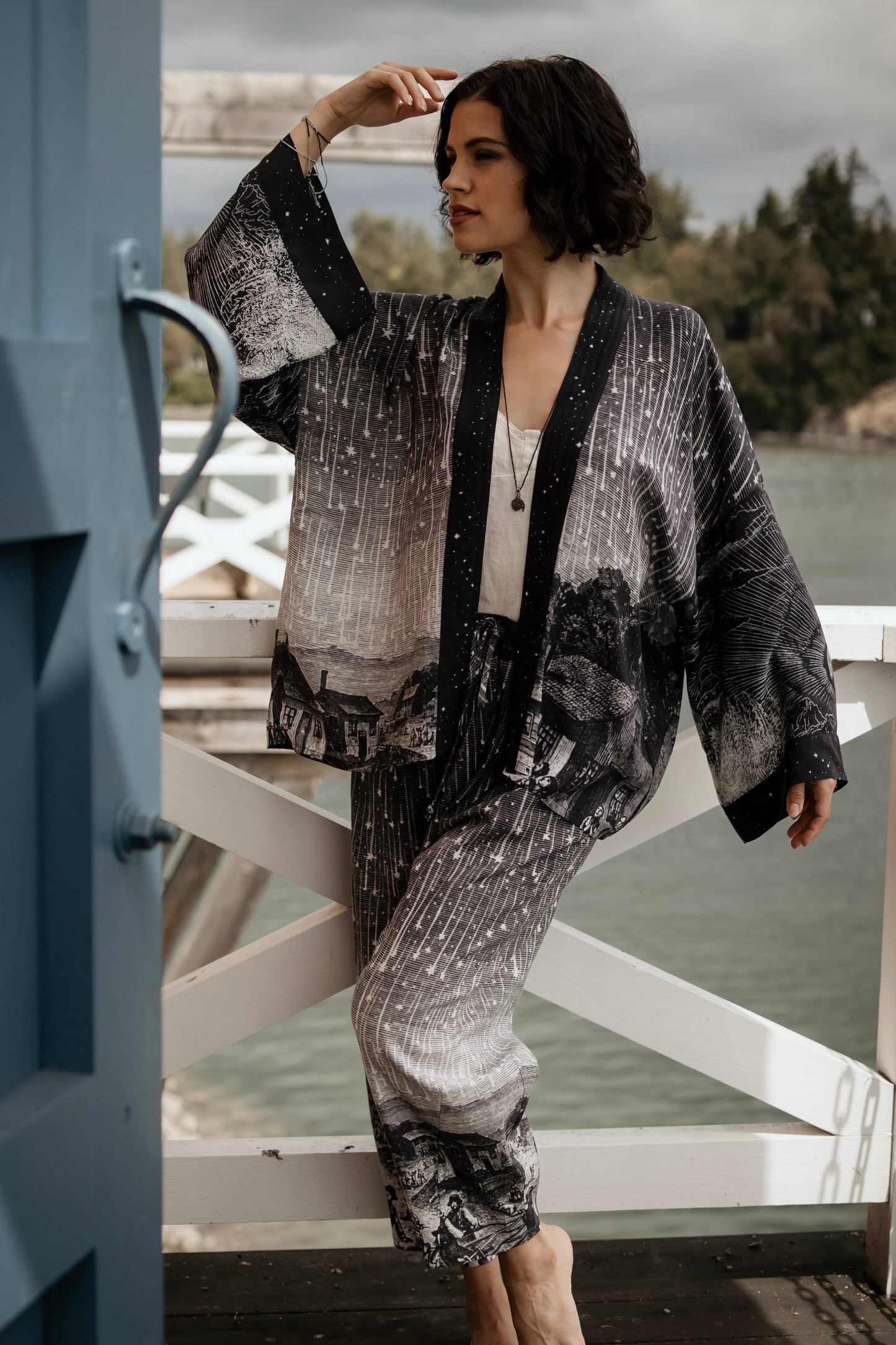 Stargazer Pixie Duster Bamboo Kimono w/ Falling Stars, Crop