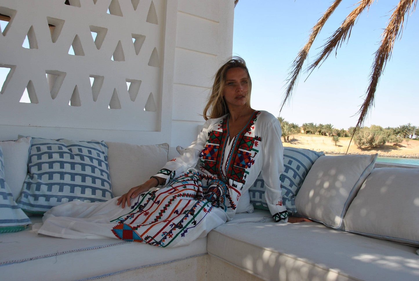 White Colourful Embroidered Cotton Caftan: Size Medium