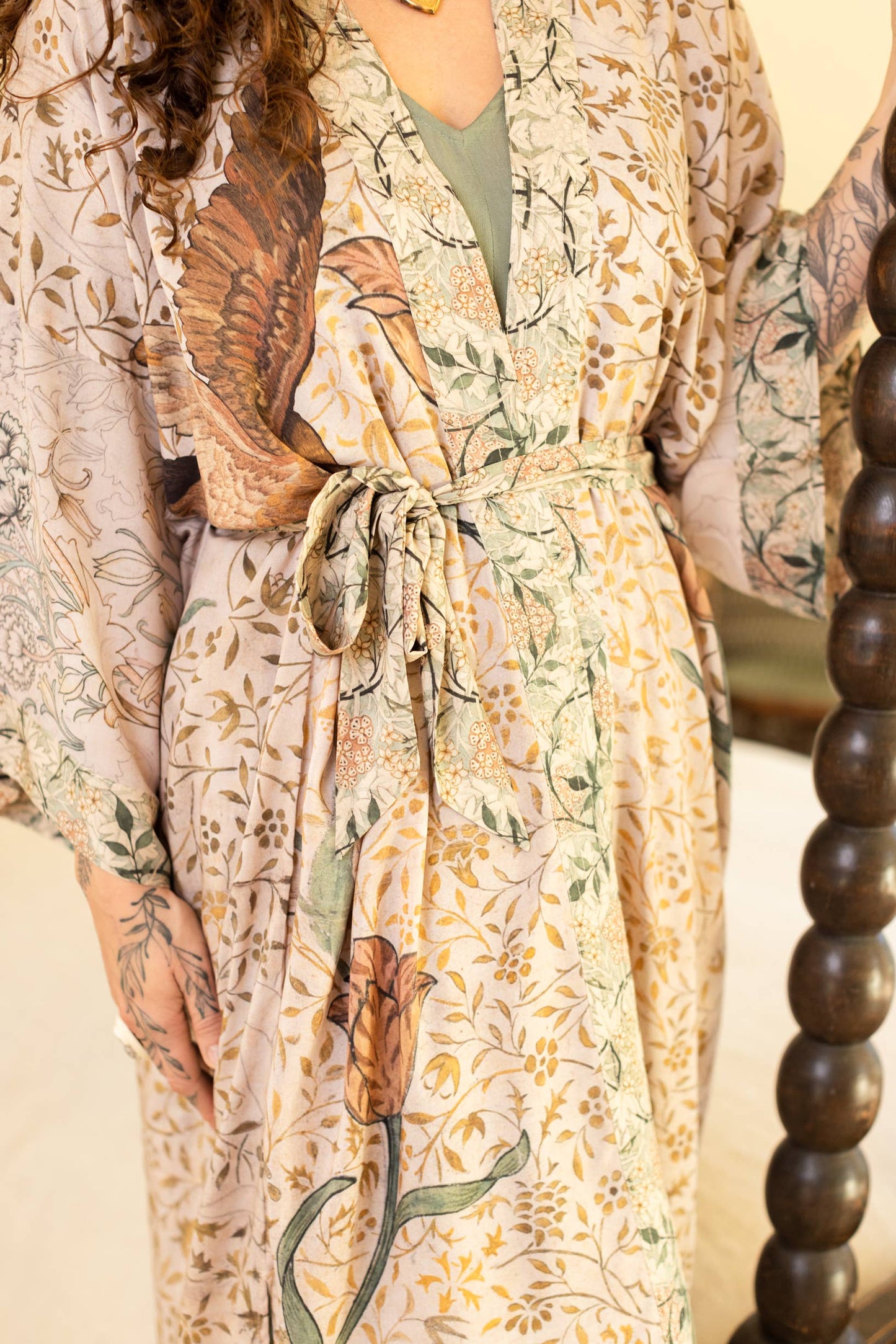Folklore Opera Duster Bamboo Kimono Robe w/ Bird of Peace