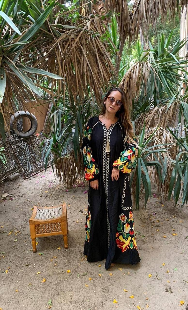 Boho Black Caftan, Egyptian Cotton, Made in Egypt, Long Sleeve Caftan Dress, One Size fits SML.