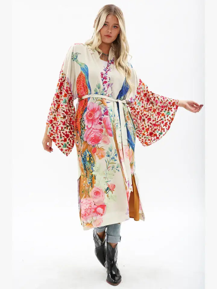 Fantasy Kimono/ Duster: Ivory Peacock Print / Size M