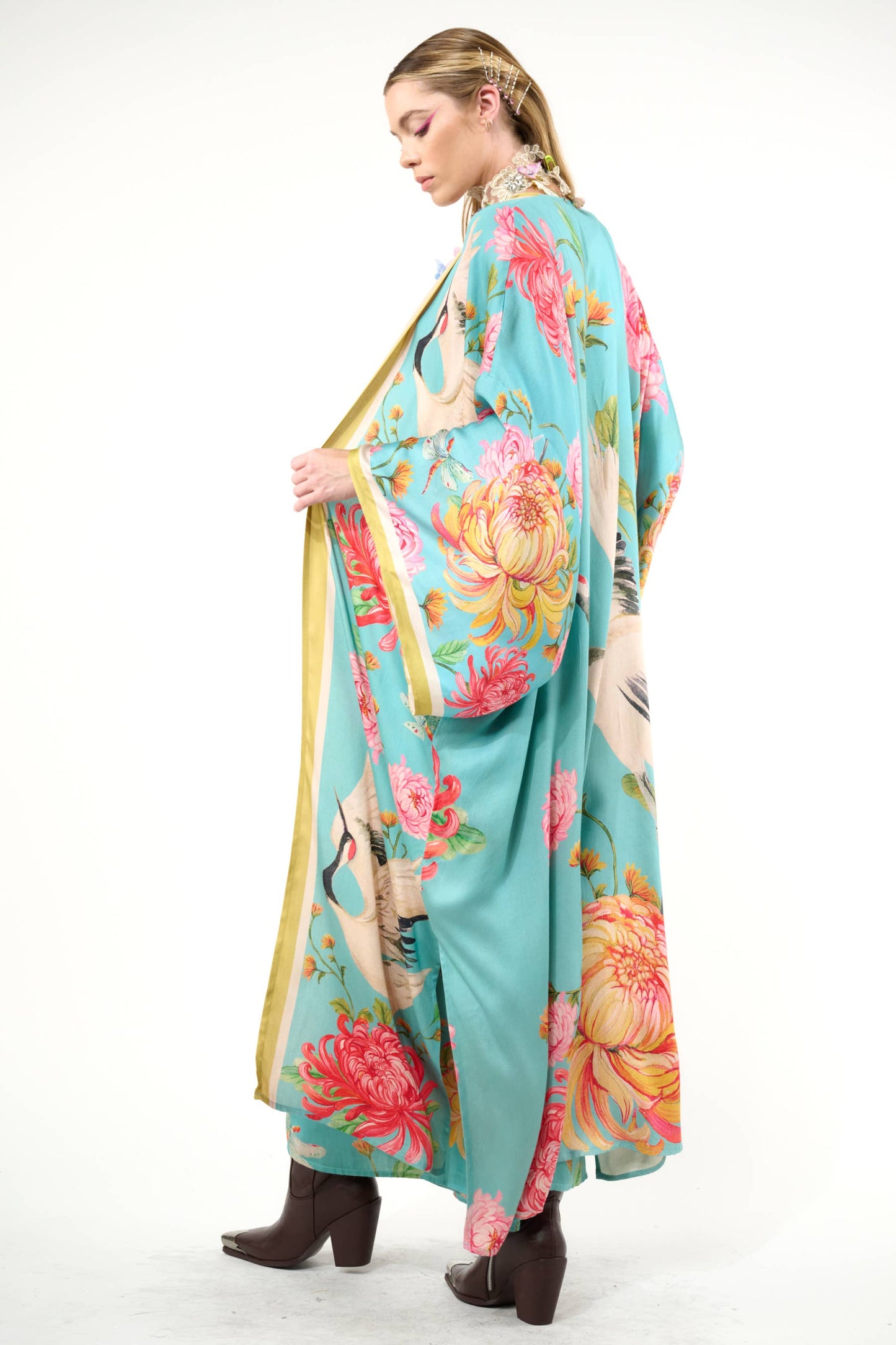 The Legend of the Crane Maxi Kimono / Topper : Vintage Emerald / One Size