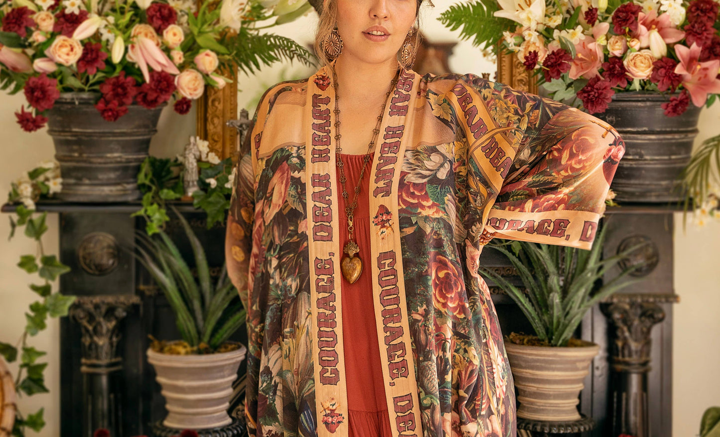 Courage Dear Heart Opera Duster Kimono Robe w/ Sacred Heart- One Size