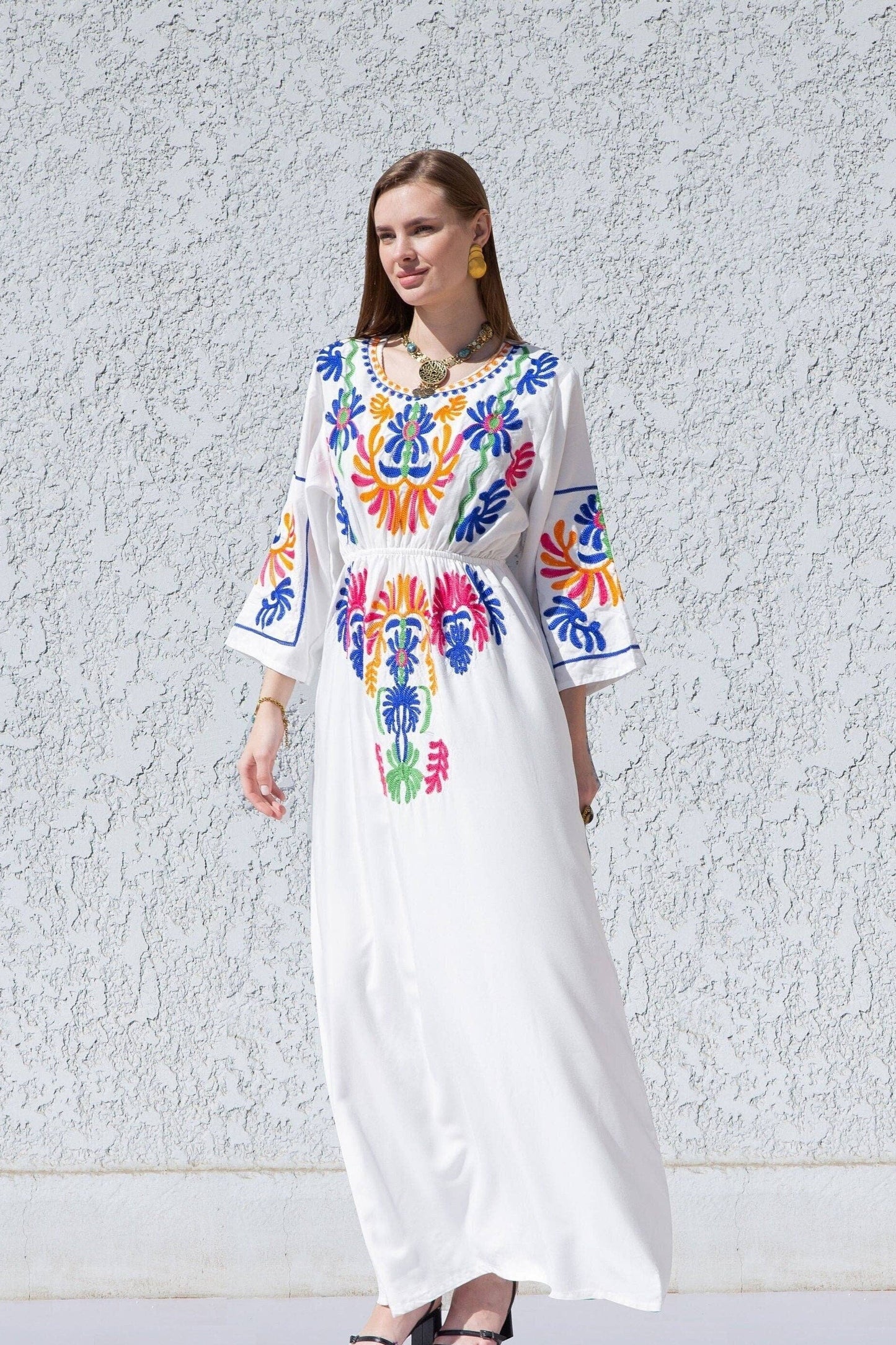 White colorful embroidered cotton Caftan, caftan Kaftan maxi dress, embroidered Caftan dress, Caftan maxi dress, Caftans for women, Caftans: One Size fits SML