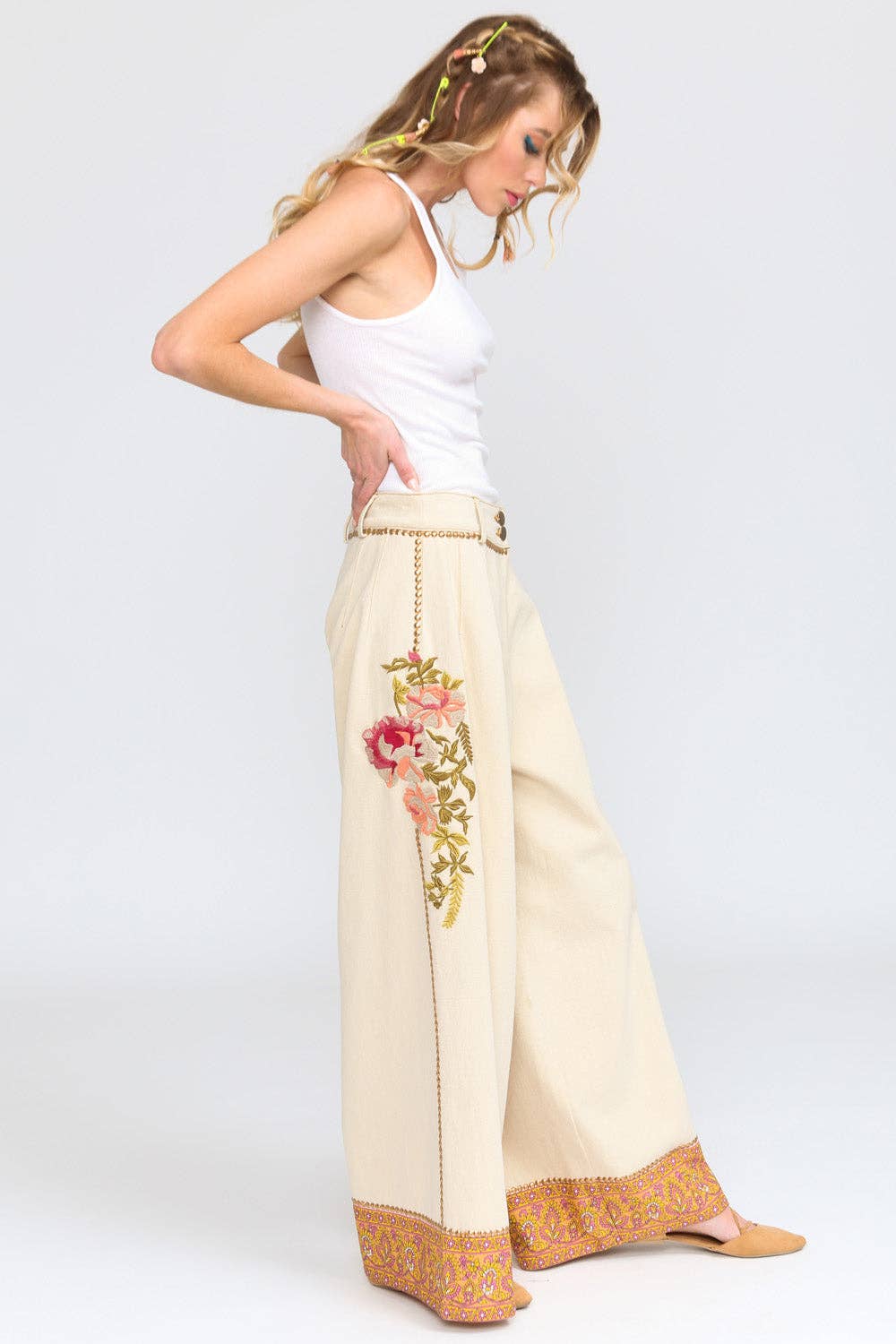 Time To Shine Denim Pants | Wide Leg Pants | Floral Pants: Cream / Small
