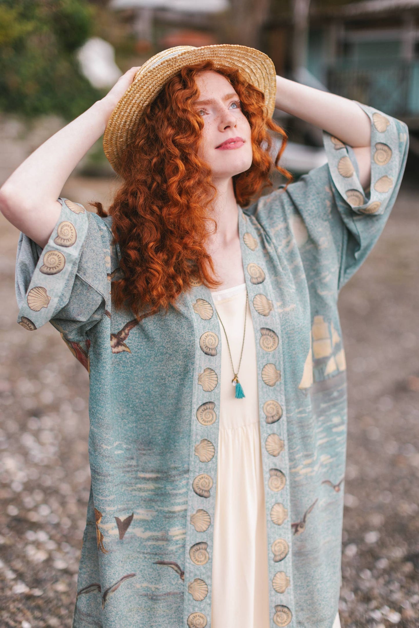 Sunrise Lands Matinée Duster Bamboo Kimono w Ocean midlength