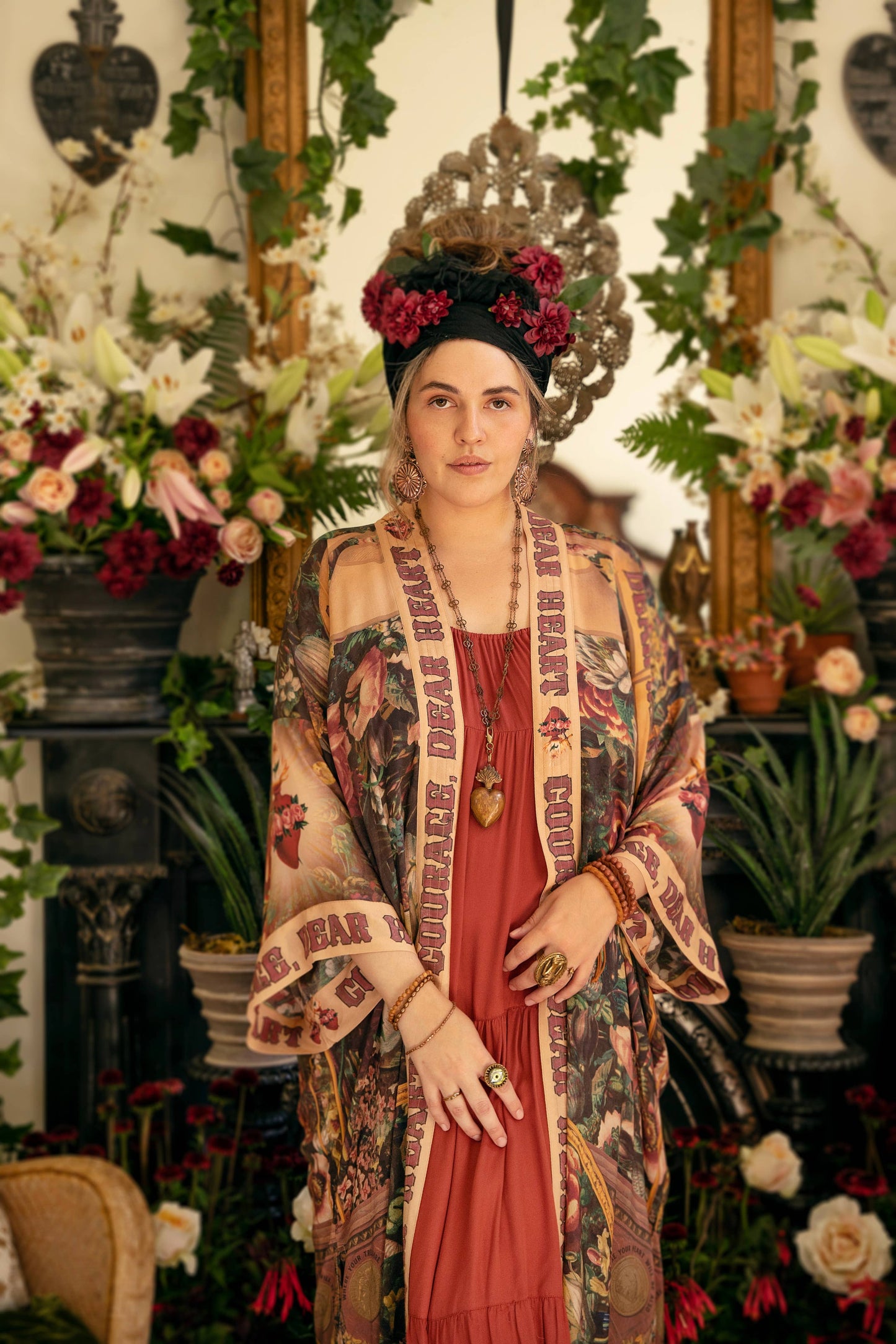 Courage Dear Heart Opera Duster Kimono Robe w/ Sacred Heart- One Size