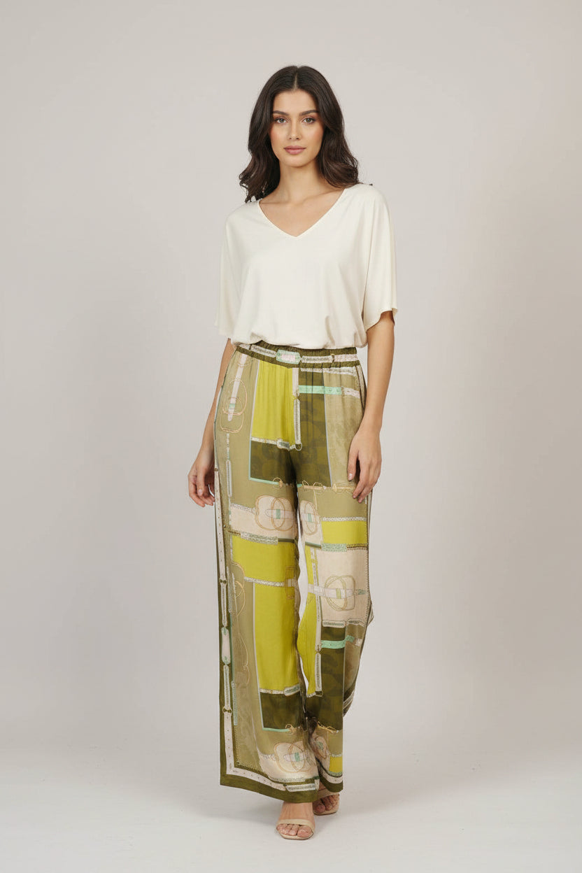 Satin print trousers : Olive- One size