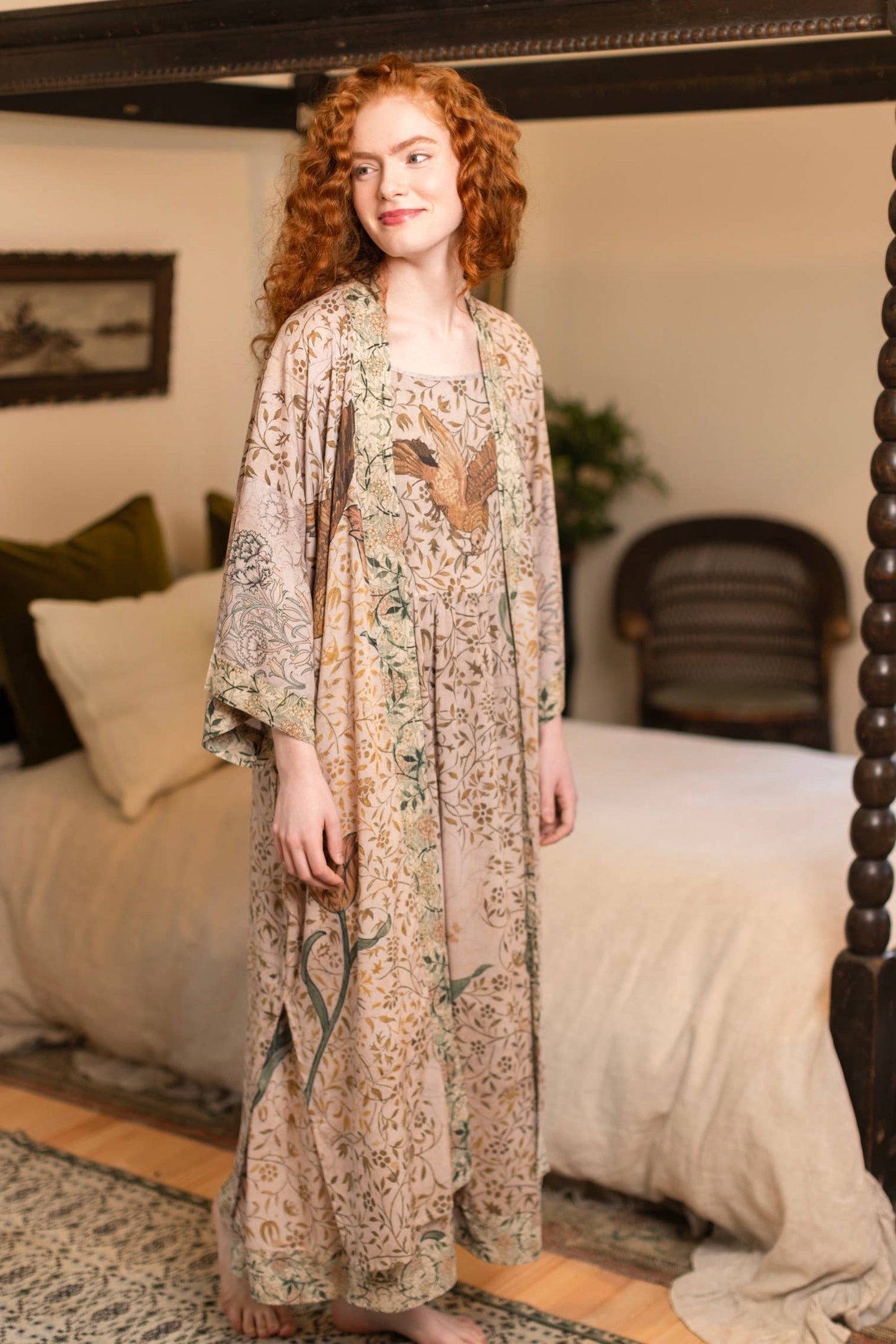 Folklore Opera Duster Bamboo Kimono Robe w/ Bird of Peace