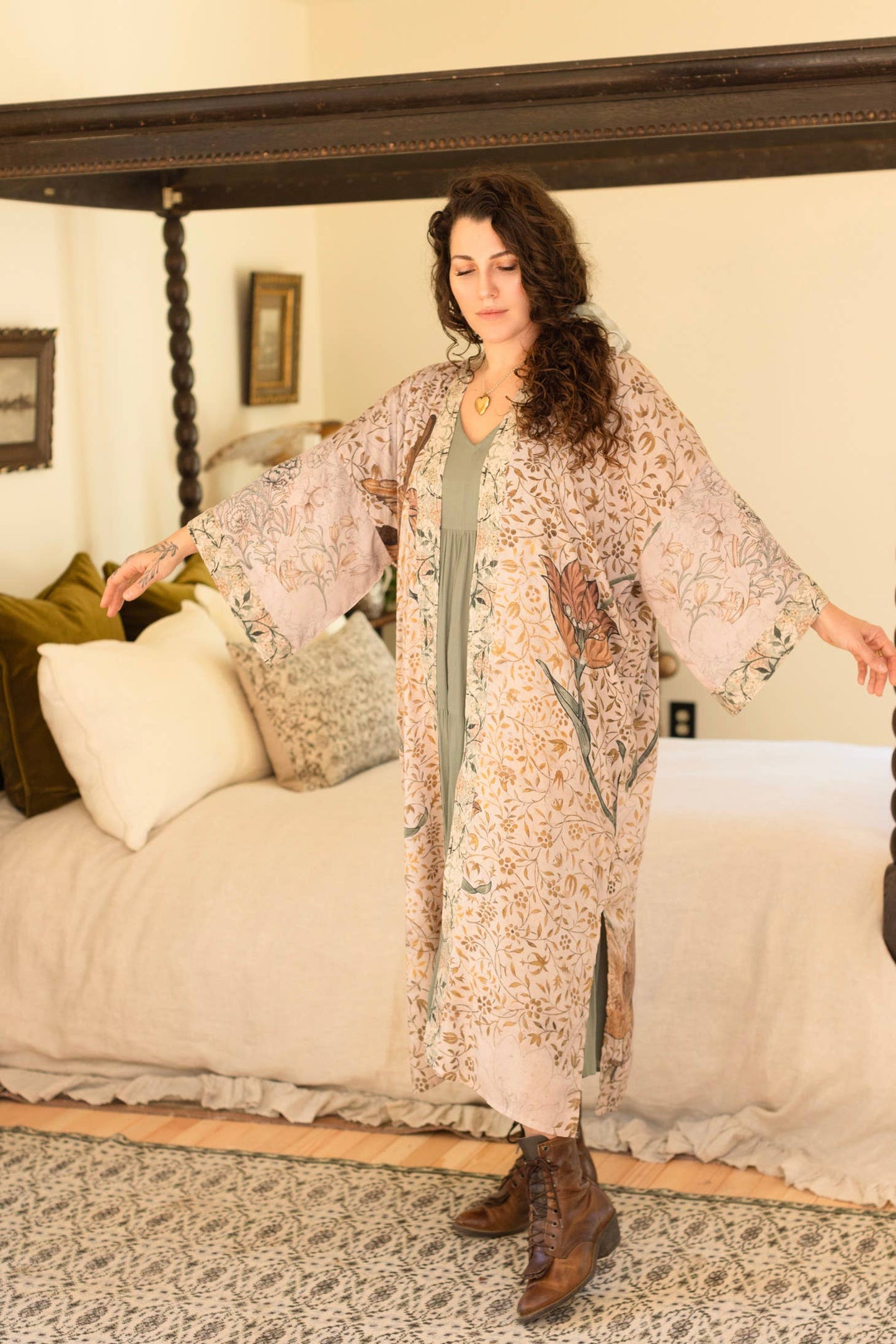 Folklore Opera Duster Bamboo Kimono Robe w/ Bird of Peace