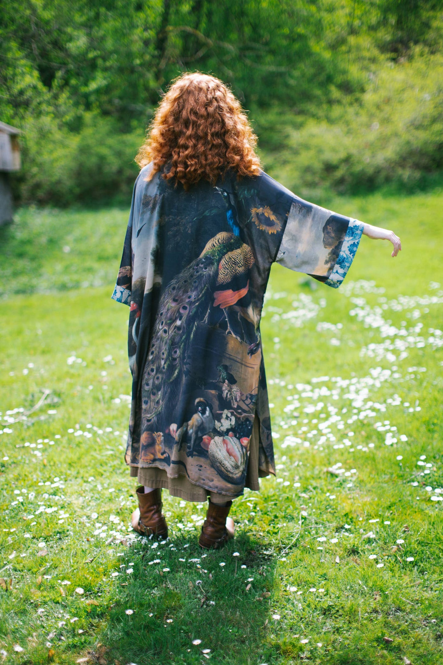 Wild Beauty Bamboo Kimono Duster Robe with Peacock Print- One Size