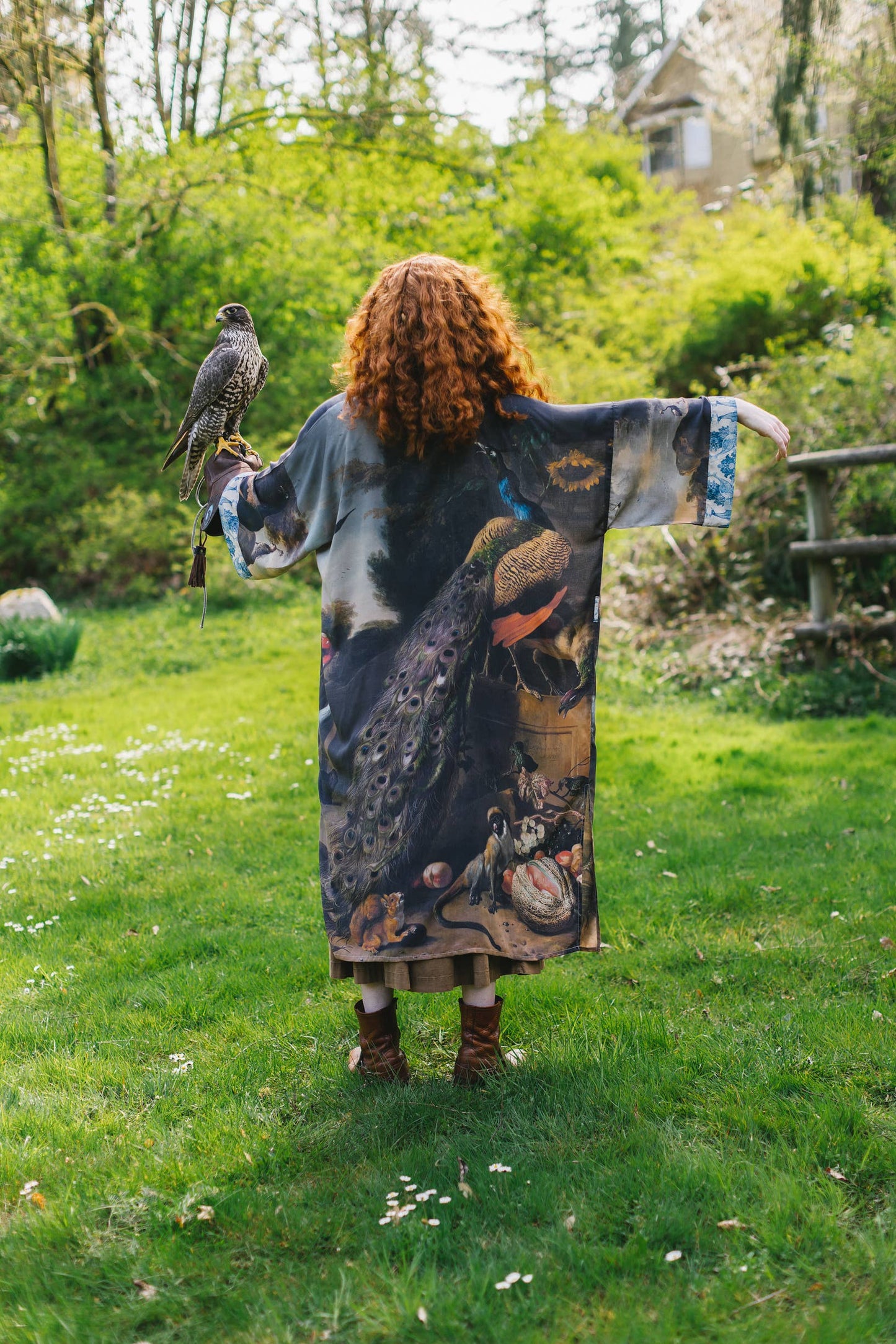 Wild Beauty Bamboo Kimono Duster Robe with Peacock Print- One Size
