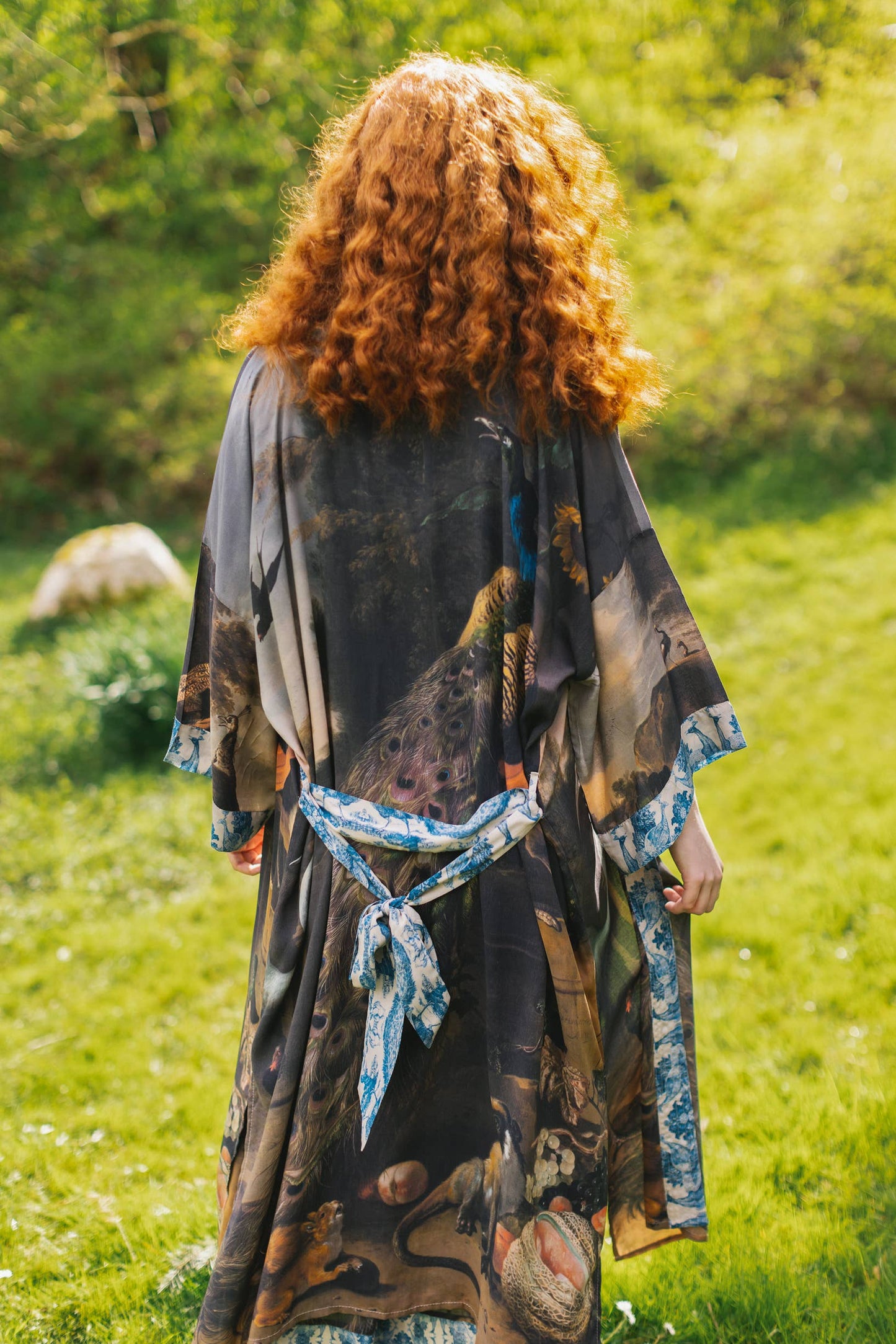 Wild Beauty Bamboo Kimono Duster Robe with Peacock Print- One Size