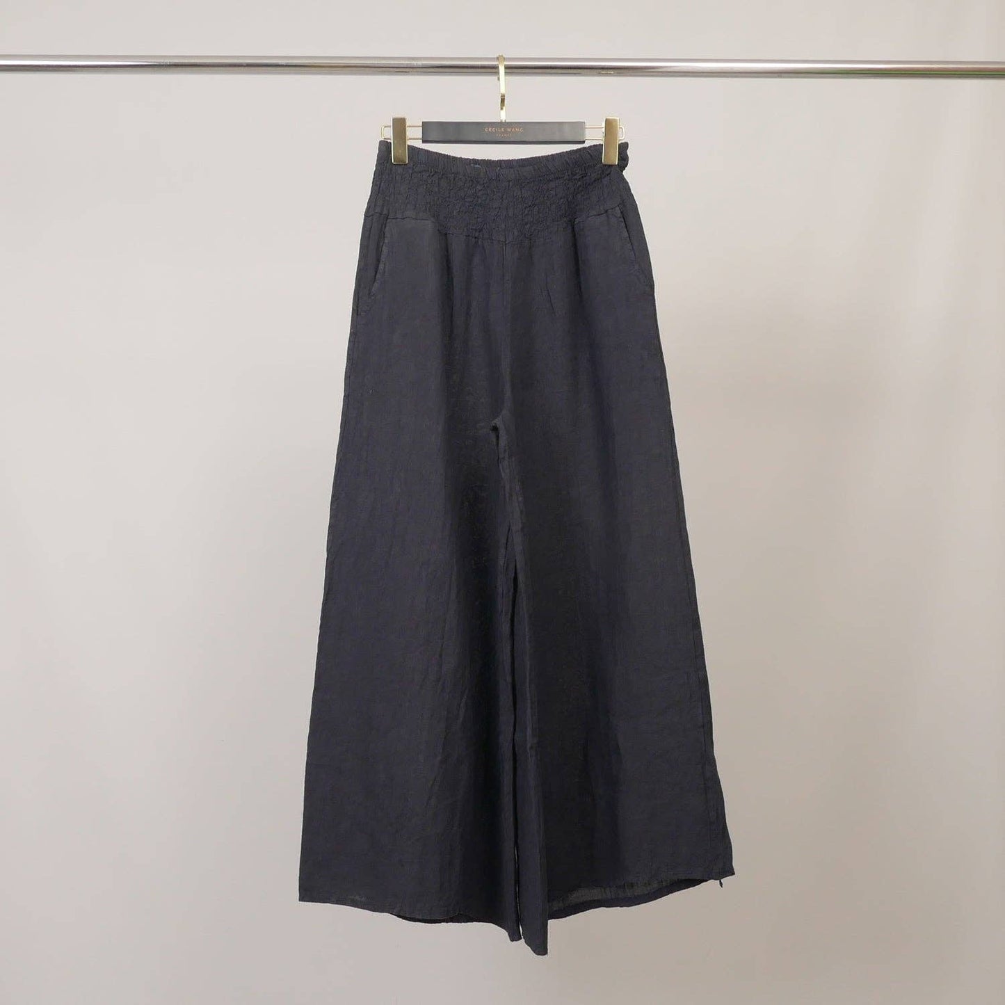 Wide linen pants with elastic waistband : Navy Blue