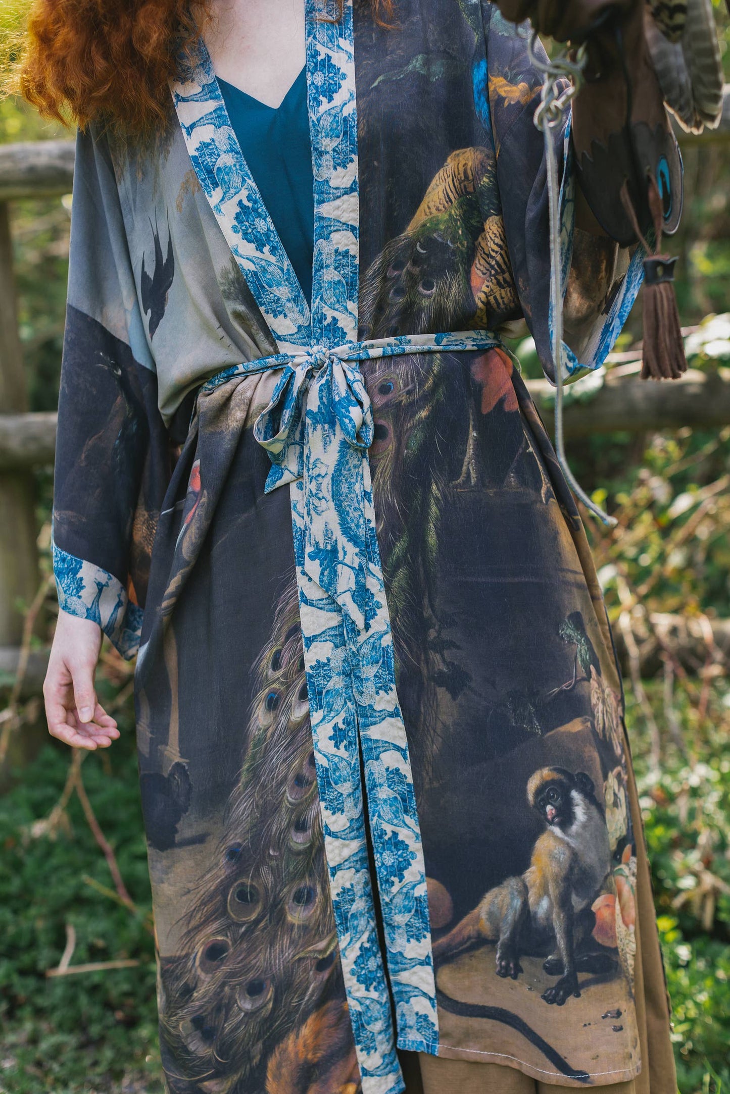 Wild Beauty Bamboo Kimono Duster Robe with Peacock Print- One Size