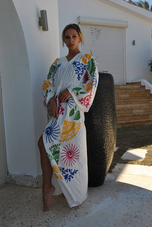 White Embroidered Ocean Caftan: One Size fits small to medium