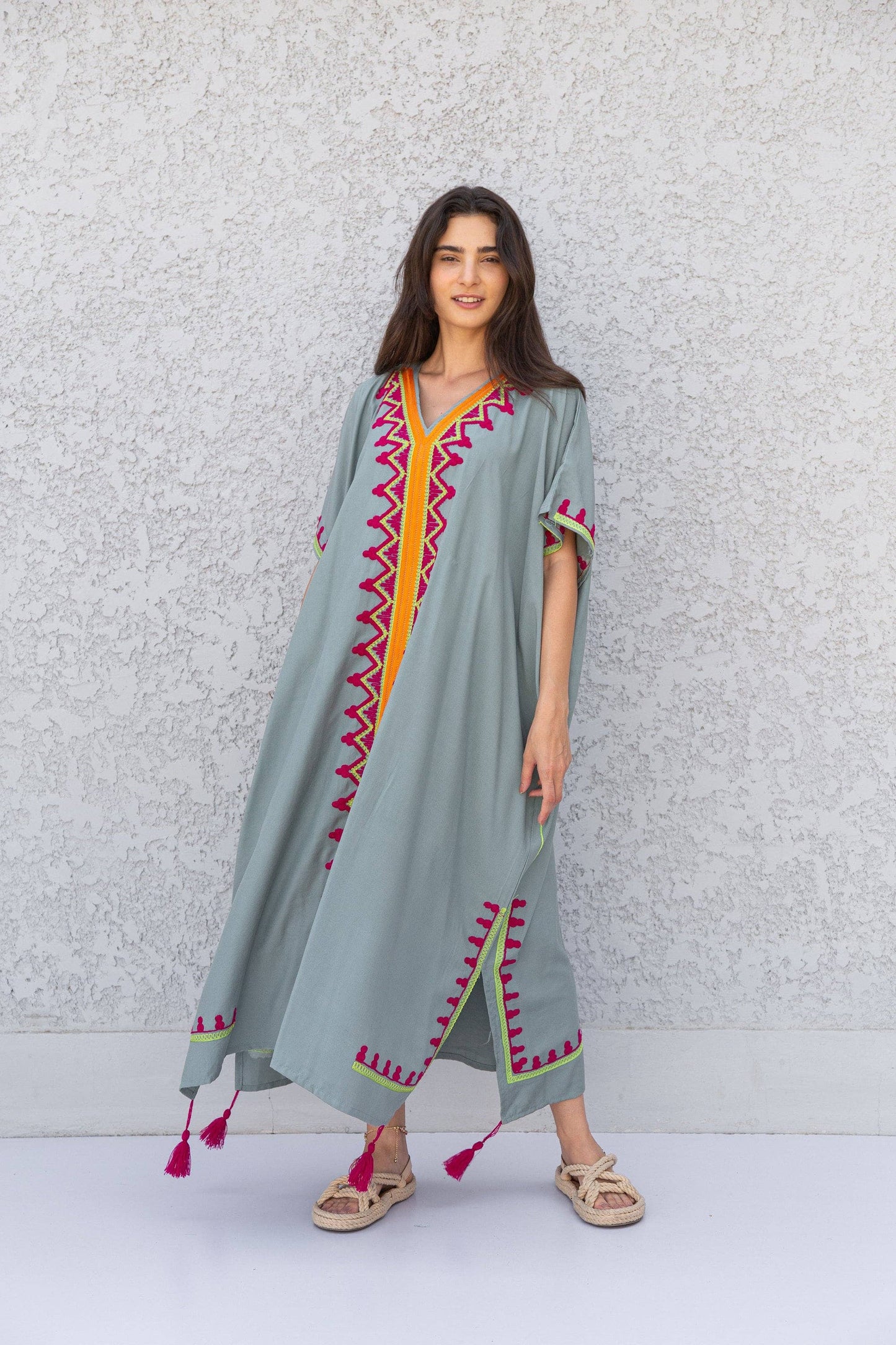 Colorful Grey embroidered caftan, Cotton caftan, Plus size Kaftan, Free size Bohemian Caftan, Cotton Kaftan, Exotic Kaftan, Moroccan Caftan