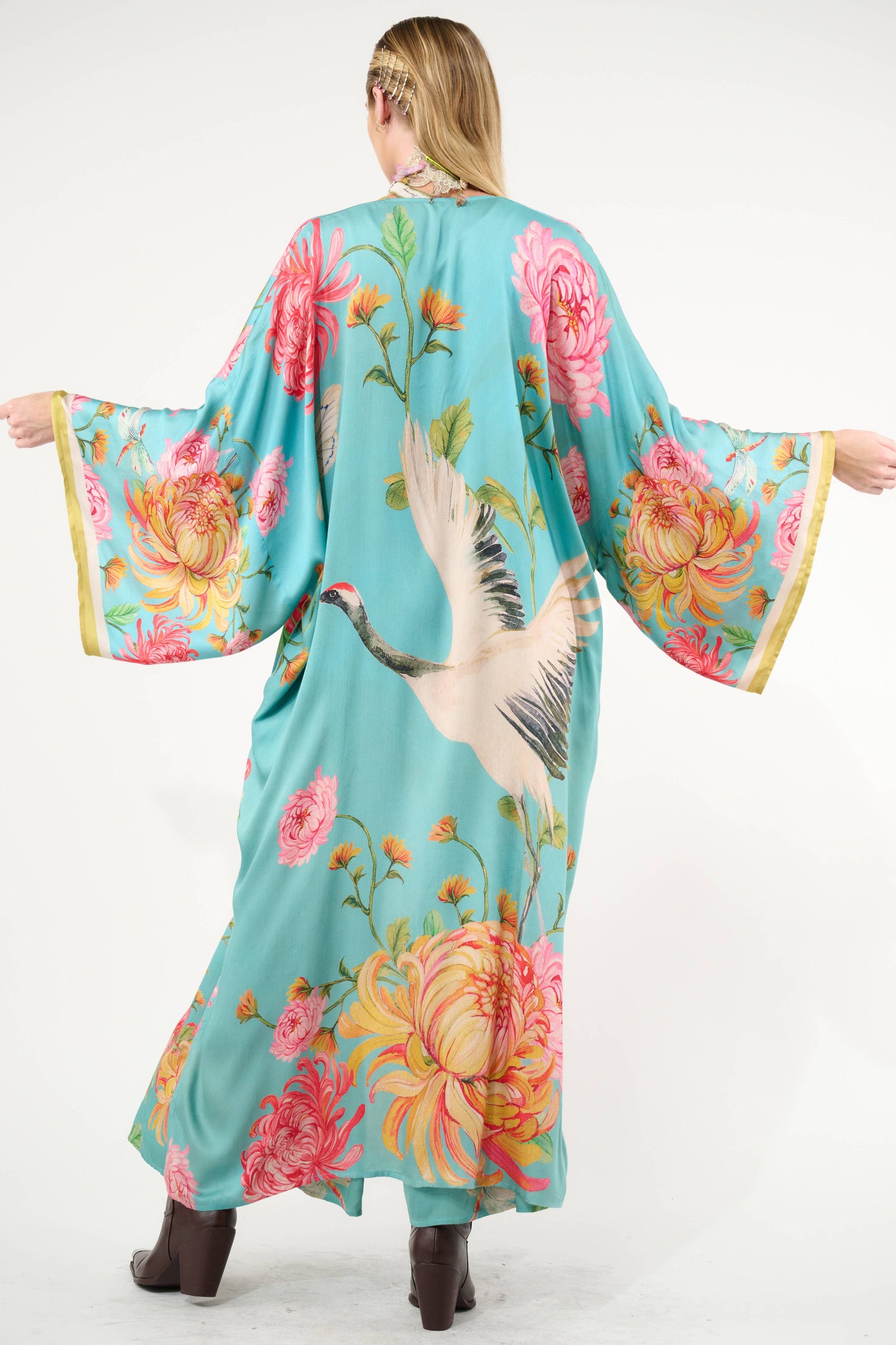 The Legend of the Crane Maxi Kimono / Topper : Vintage Emerald / One Size