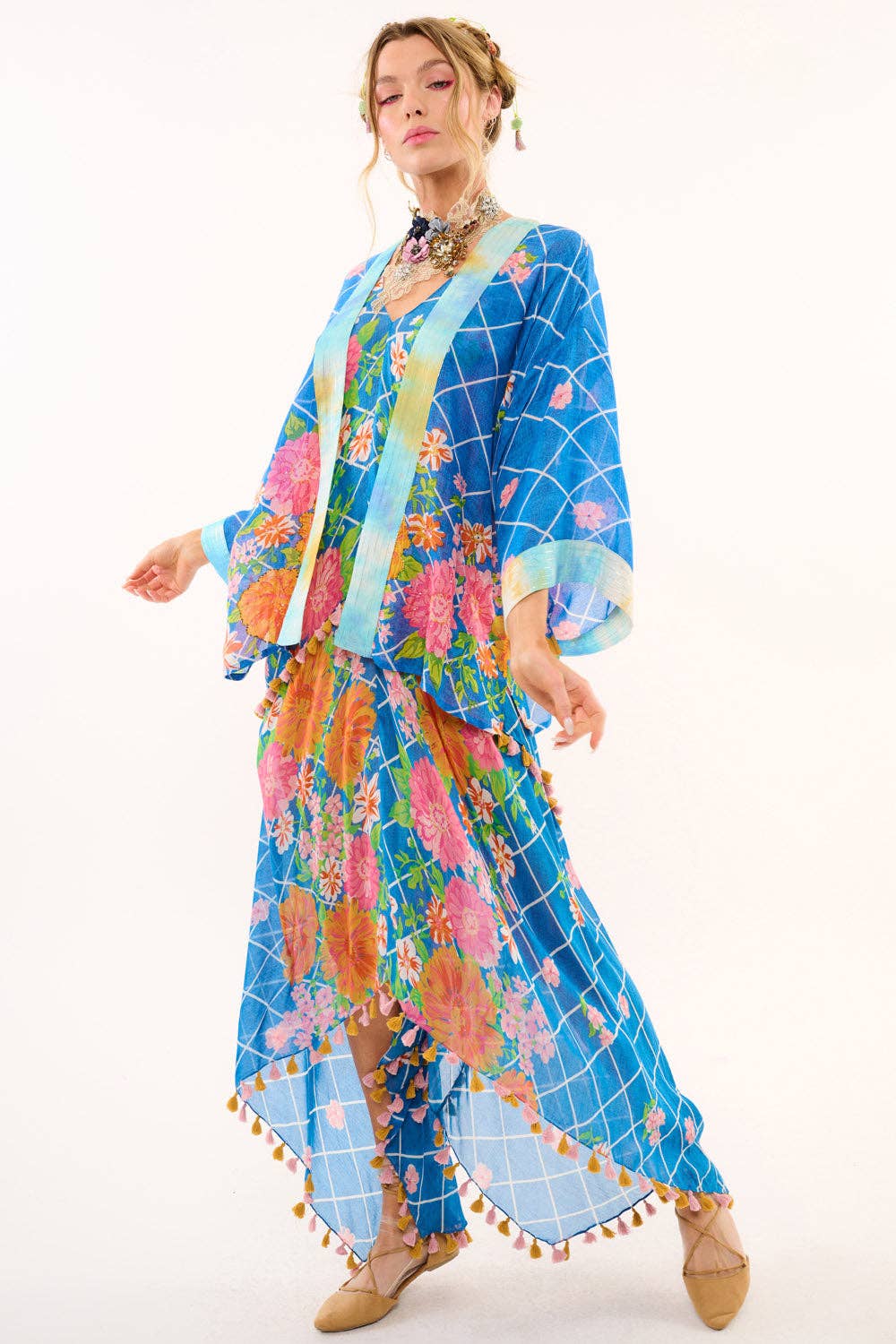 Borrocow Beauty Hand-Embellished Kimono: Vintage Blue Print / One Size