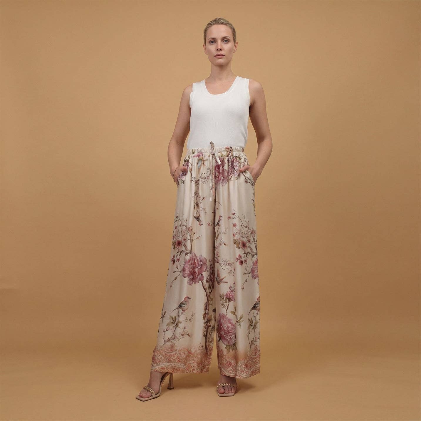 Wide-leg satin floral-print trousers - One Size