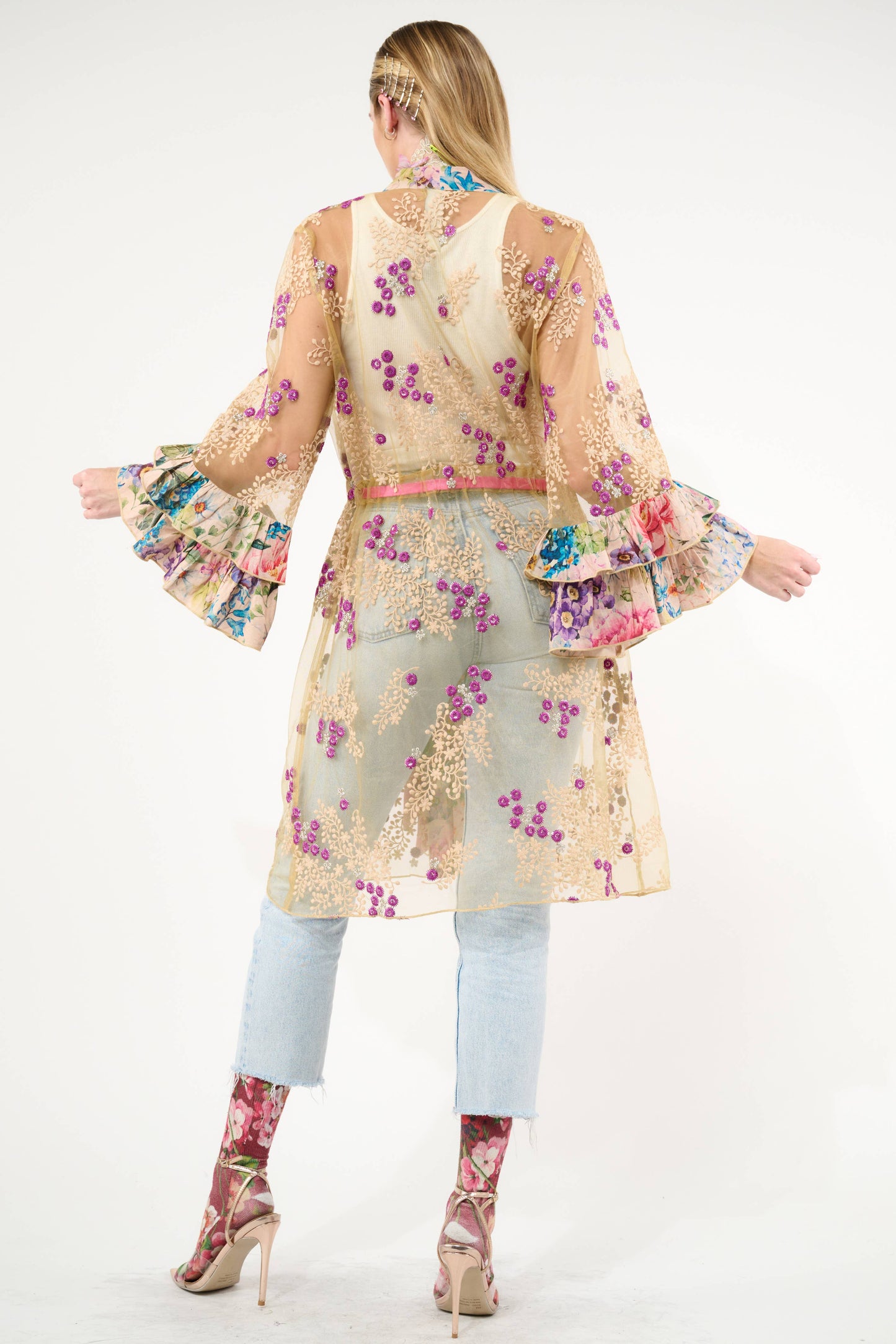 Miss September Embellished Mesh Kimono: Antique Floral - Size Medium