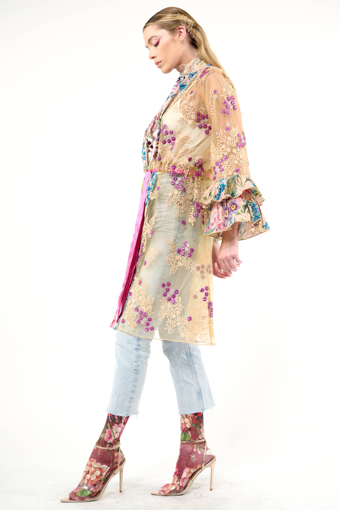 Miss September Embellished Mesh Kimono: Antique Floral - Size Medium