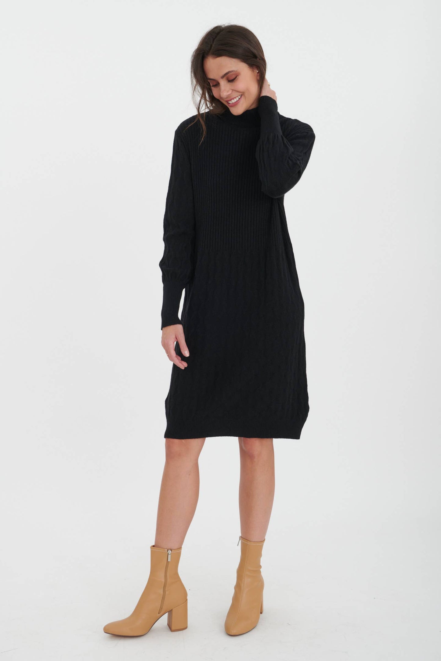 Italian ribbed high neck sweater dress in Khaki / Size 12-14