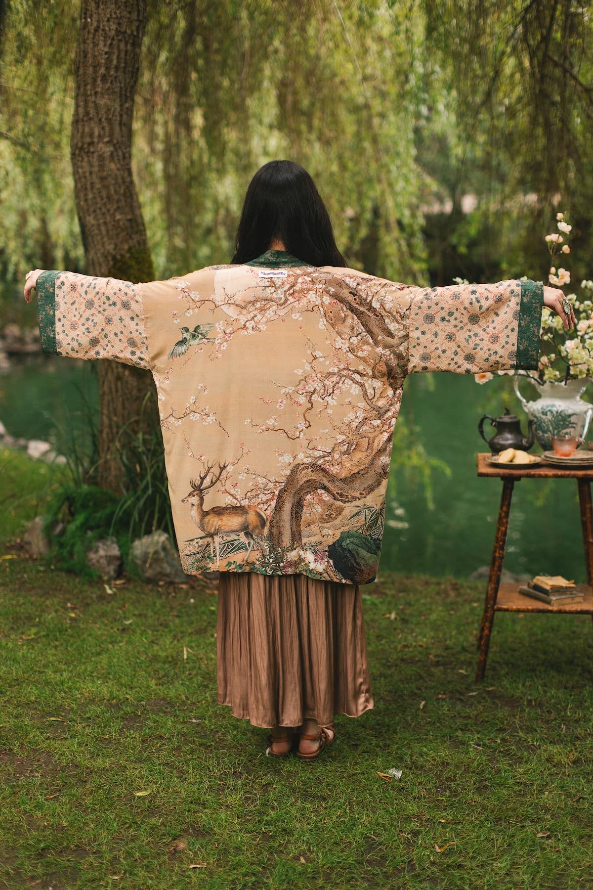 Fable Matinée Duster Kimono w/Blossoms, mid-length