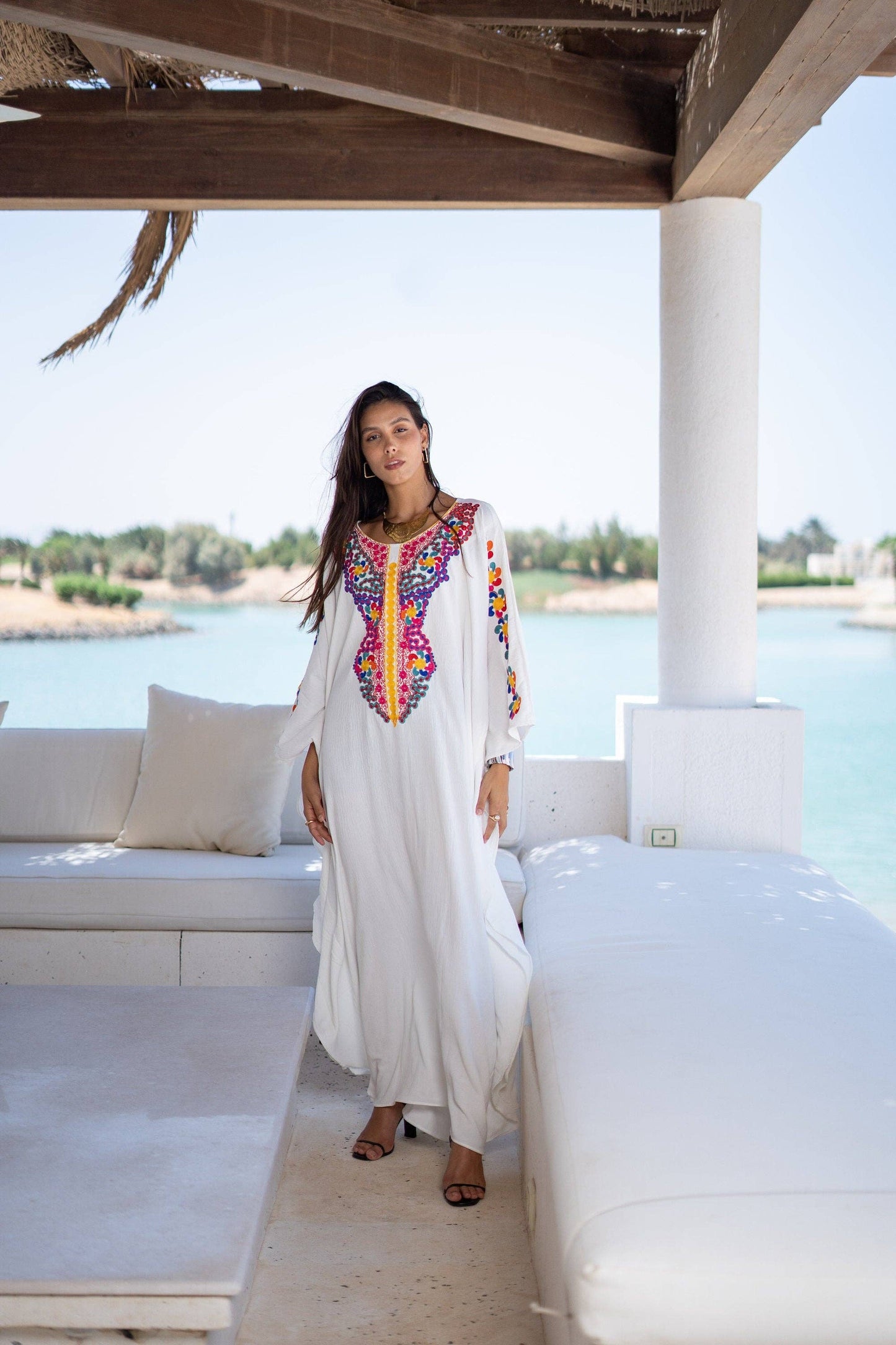 Boho White Embroidered Kaftan- One Size