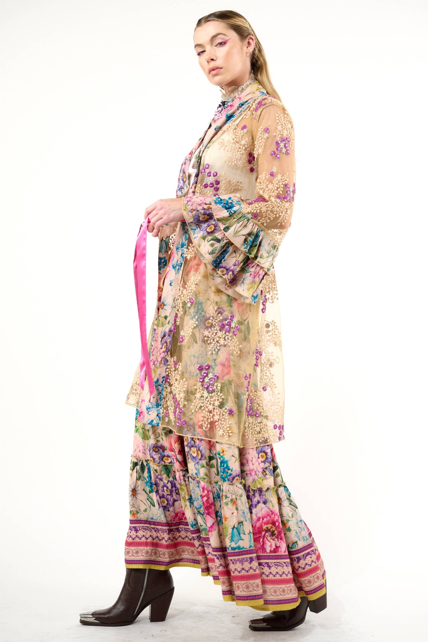 Miss September Embellished Mesh Kimono: Antique Floral - Size Medium