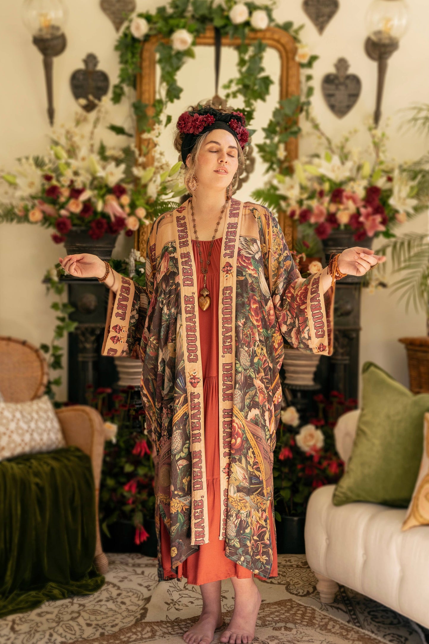 Courage Dear Heart Opera Duster Kimono Robe w/ Sacred Heart- One Size