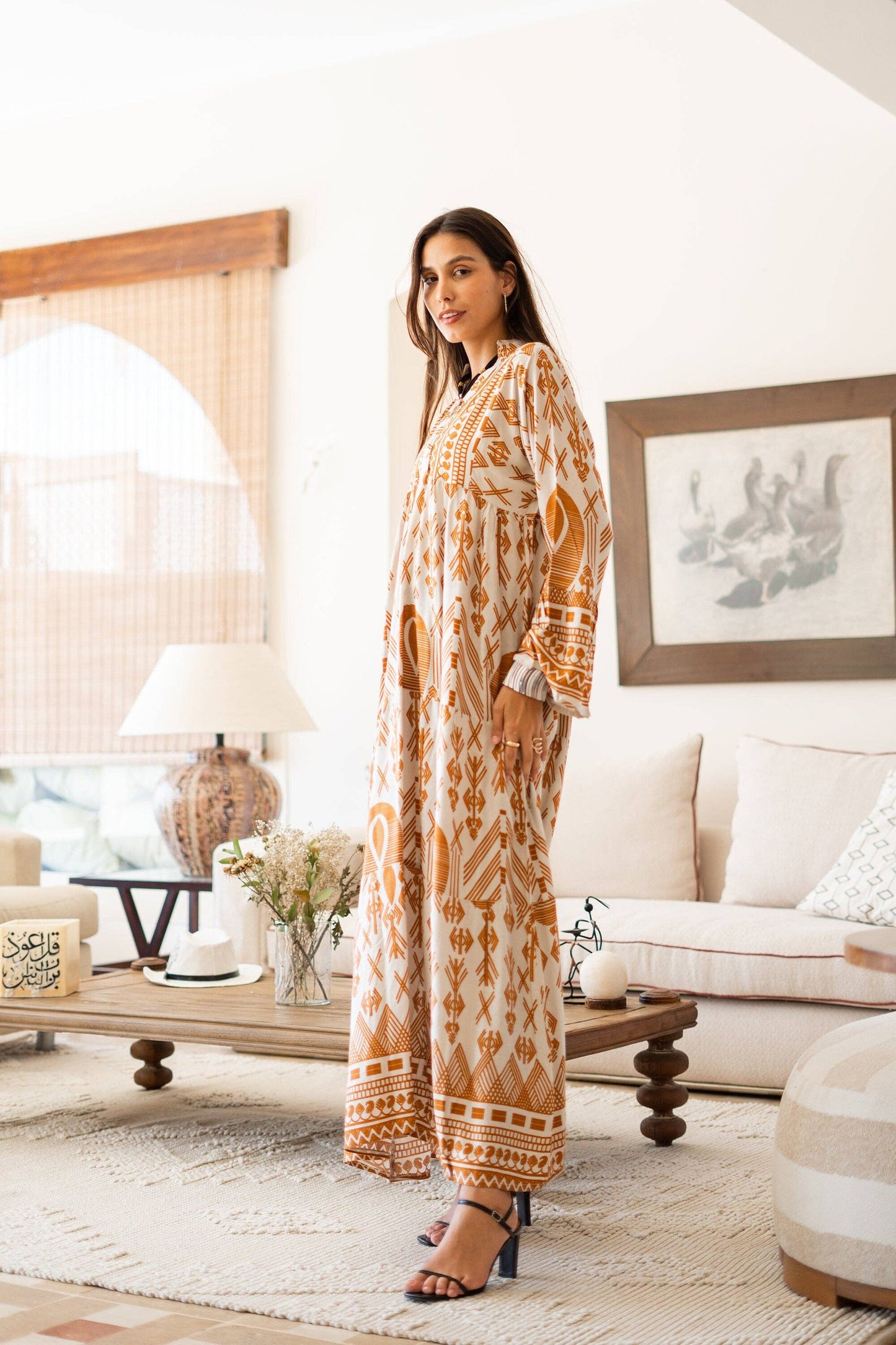 Summer beige boho print Dress- Size S/M